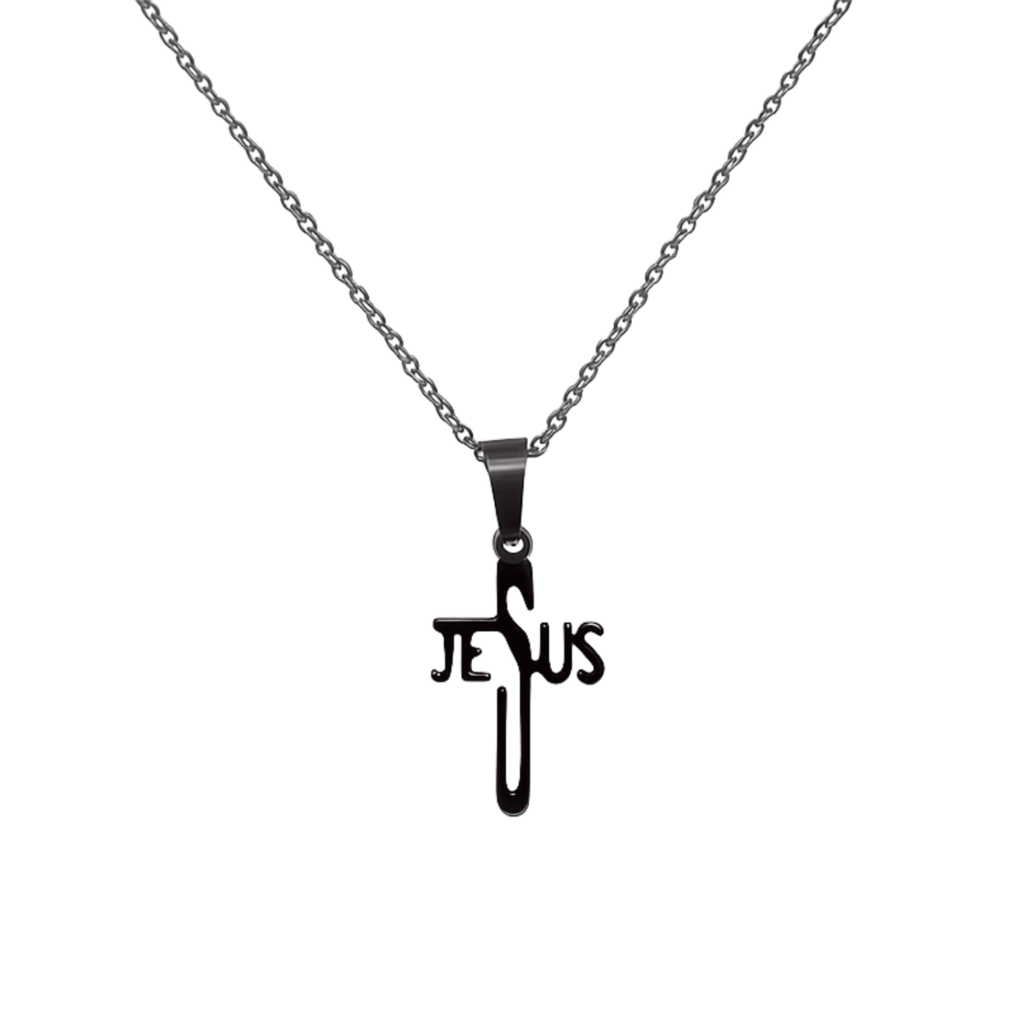 Necklace with a cross pendant inscribed with 'Jesus' on a white background