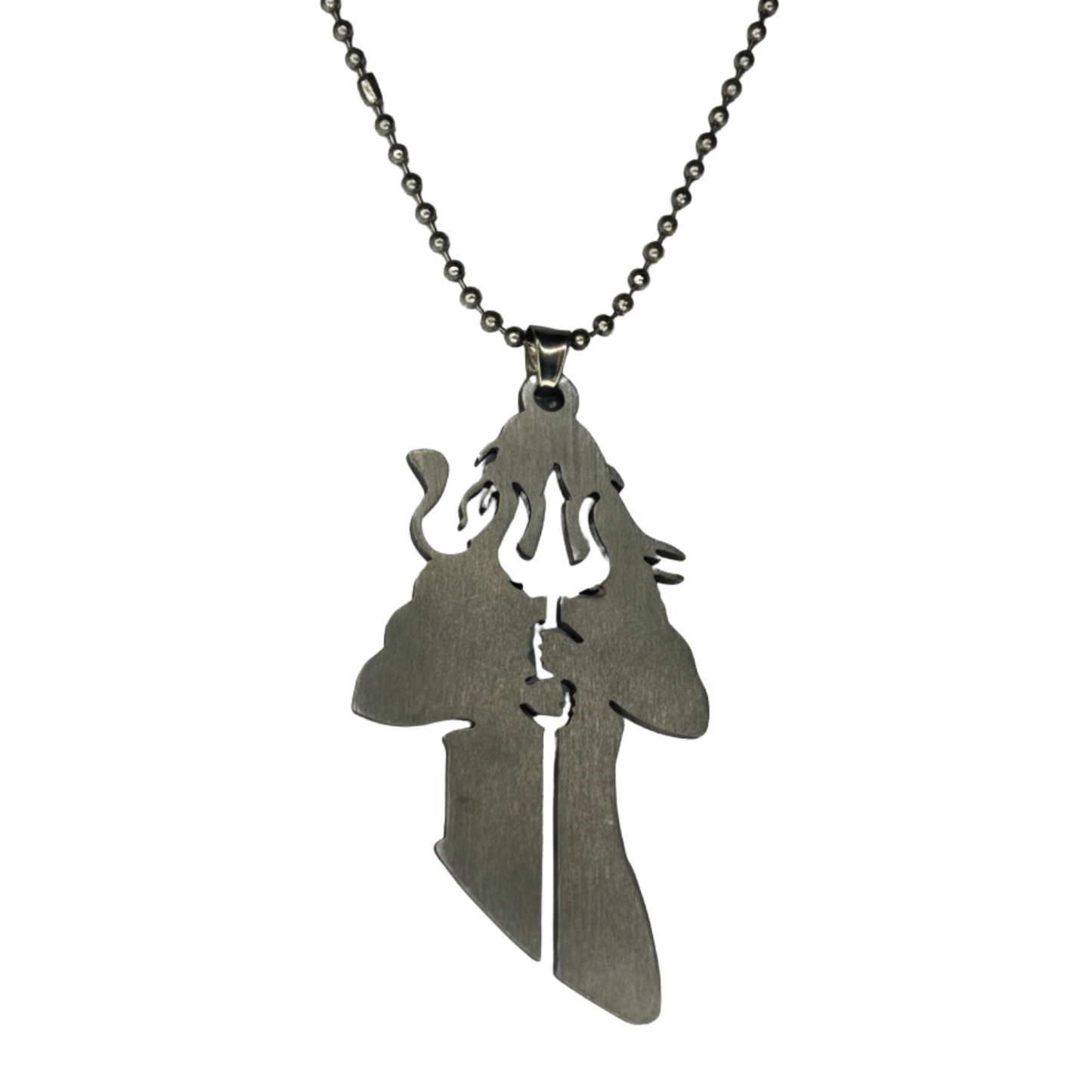 Metallic silver pendant with trident and other symbols on a chain against a white background