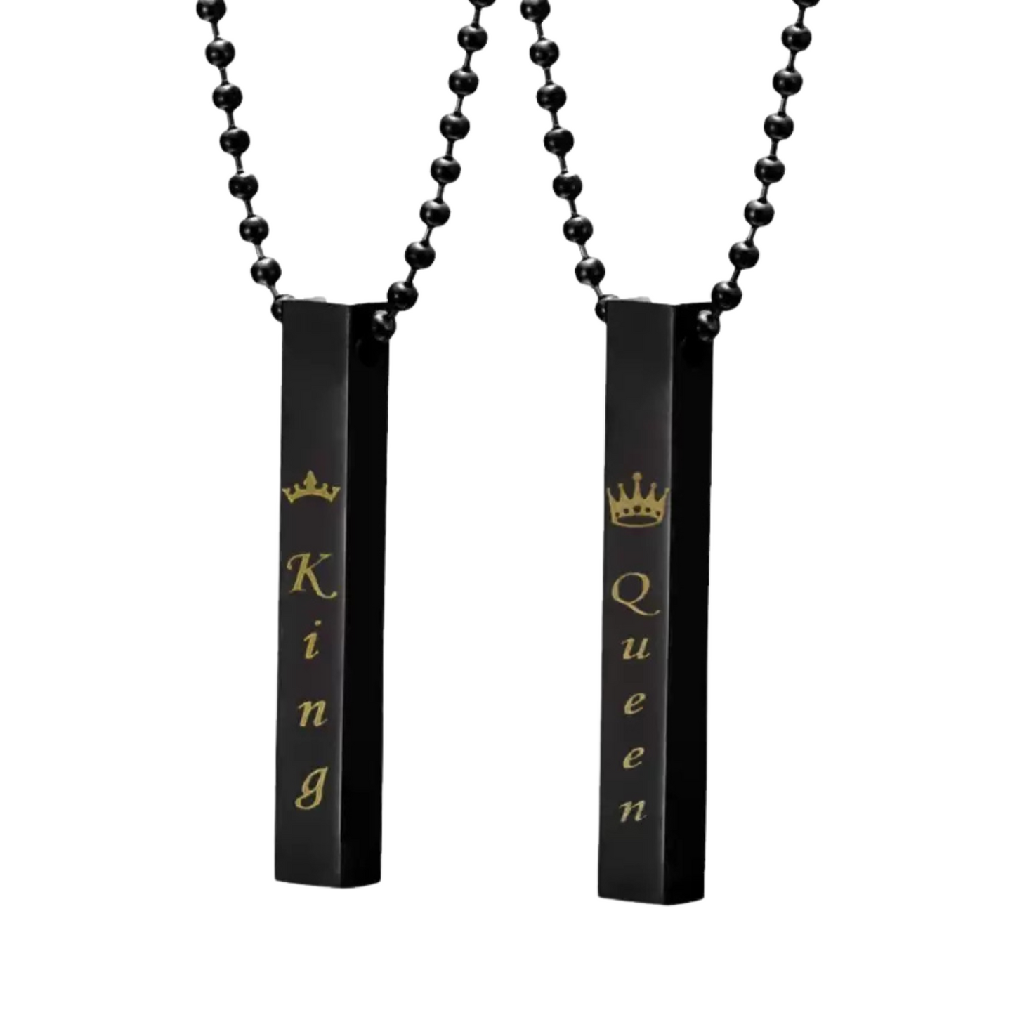 Two black necklaces with 'King' and 'Queen' text on a white background