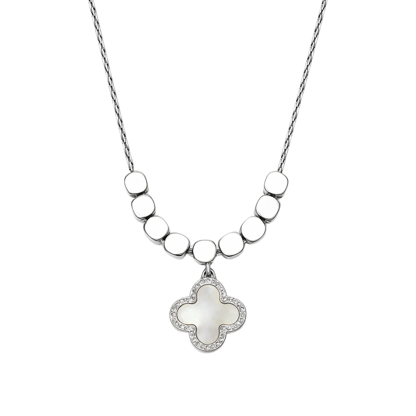Necklace with a clover-shaped pendant on a white background