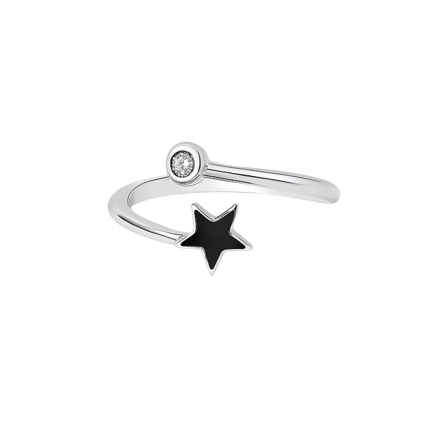 Silver ring with a black star and small diamond on a white background