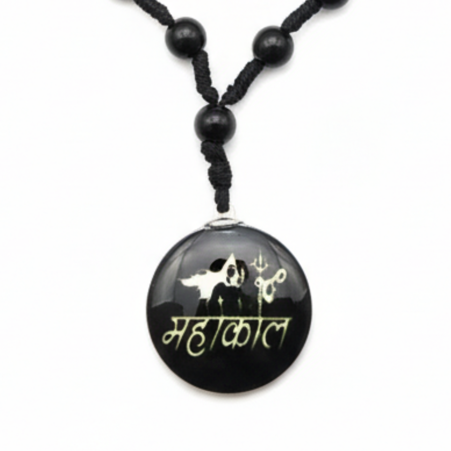 Black beaded necklace with a round pendant featuring gold text and symbols on a white background