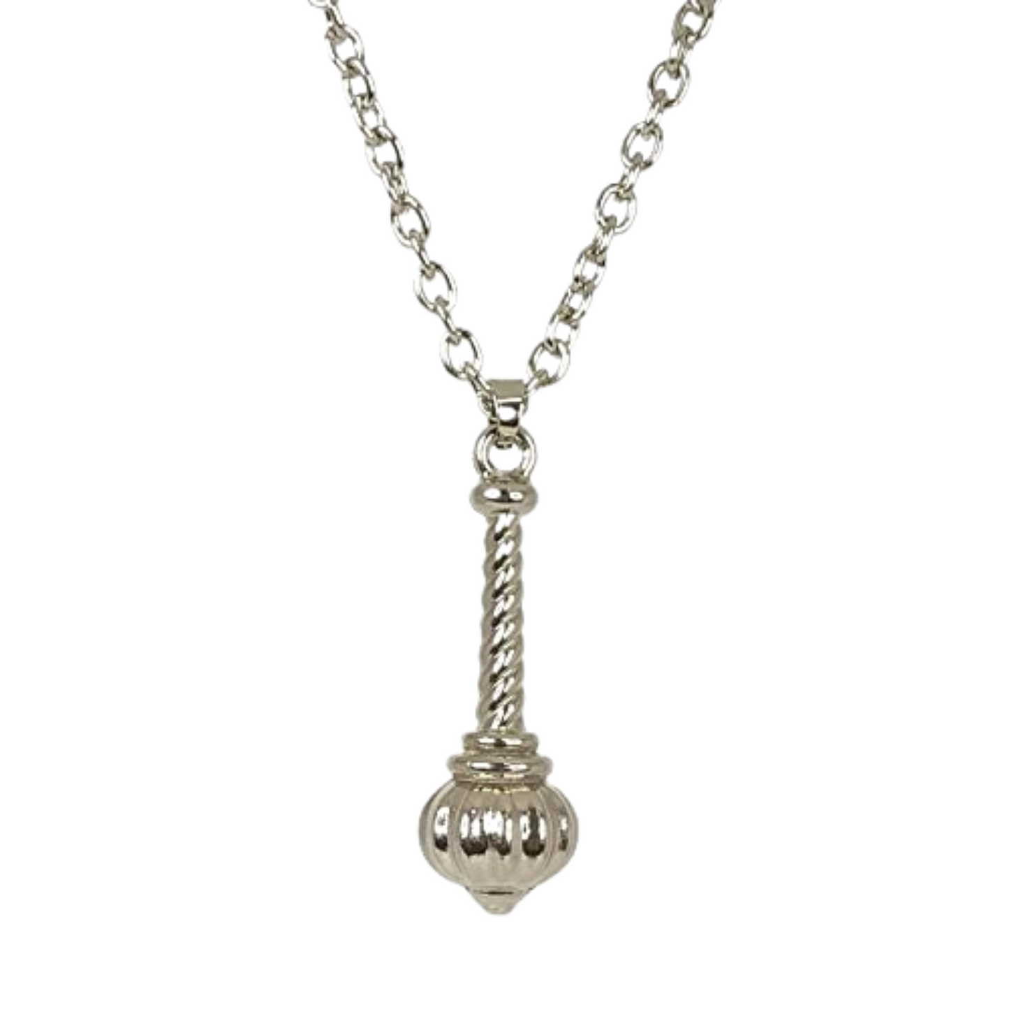 Silver necklace with a detailed pendant on a white background