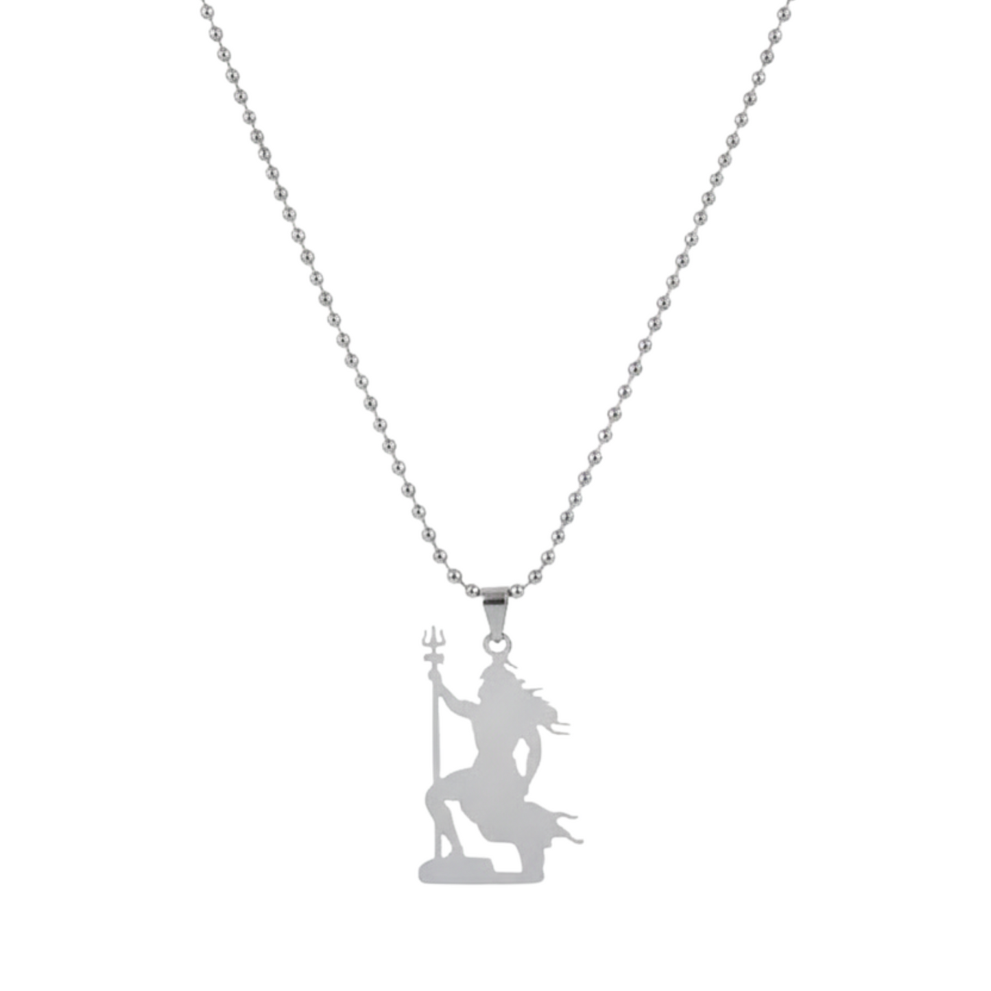Silver shivji pendant necklace on a white background