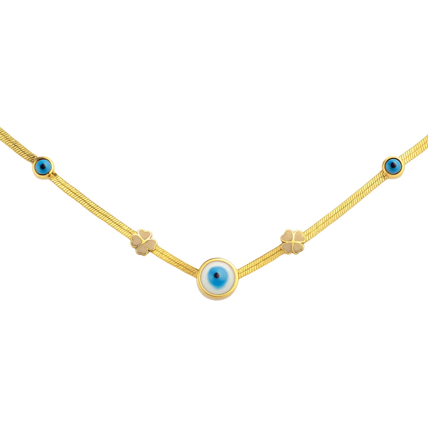 Gold necklace with blue eye-shaped pendants on a white background