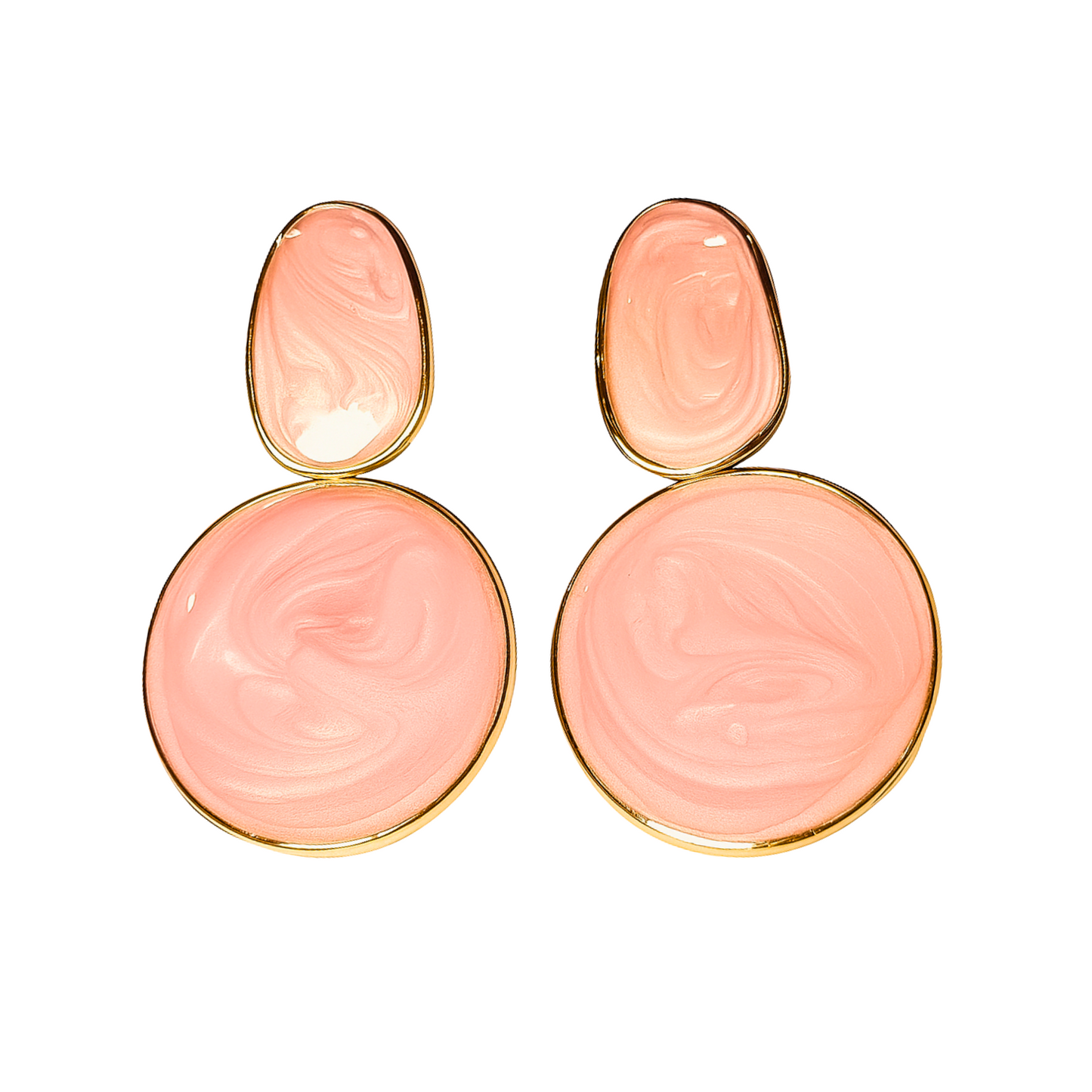 Pair of pink earrings with gold accents on a white background