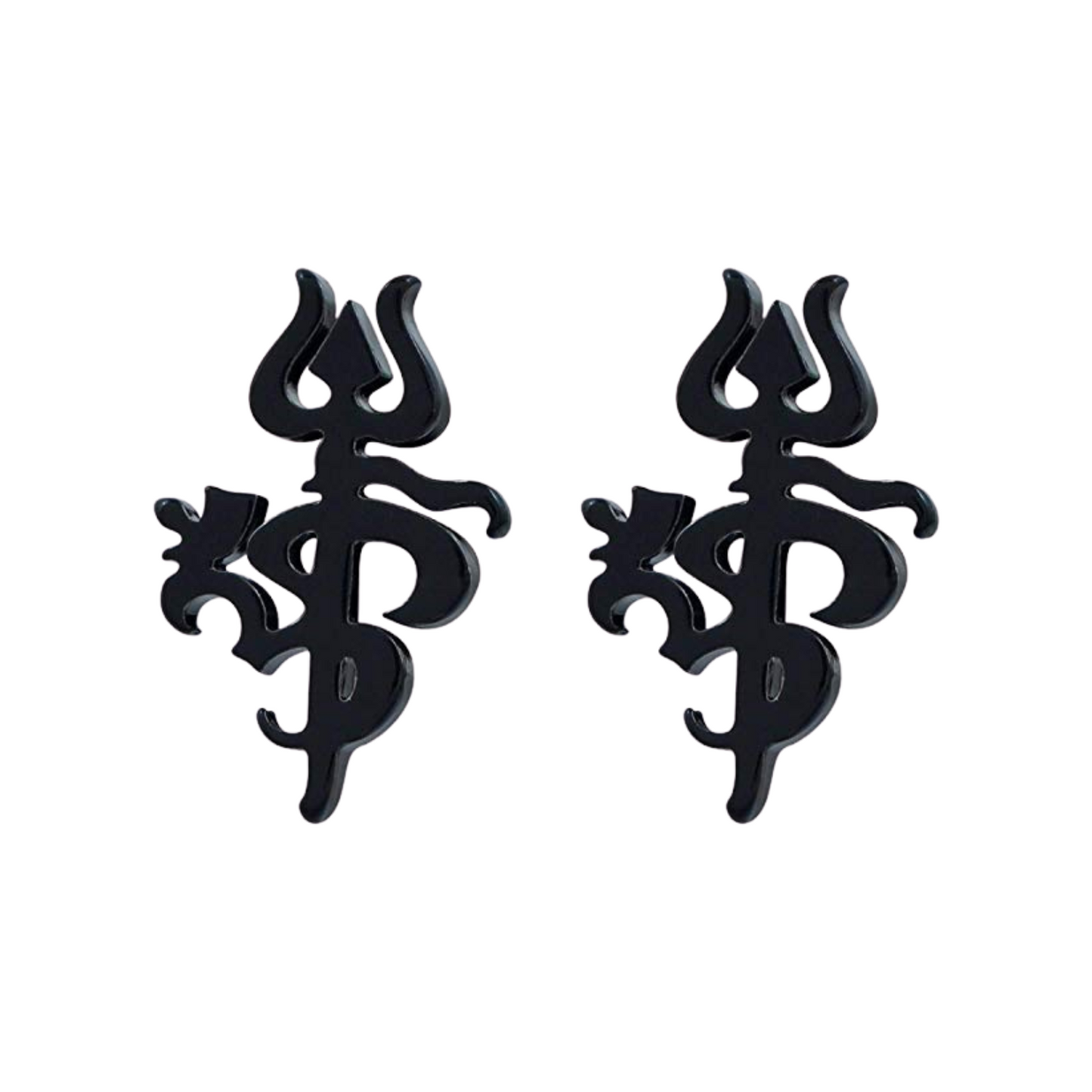 Black om trishul symbol earrings on a white background