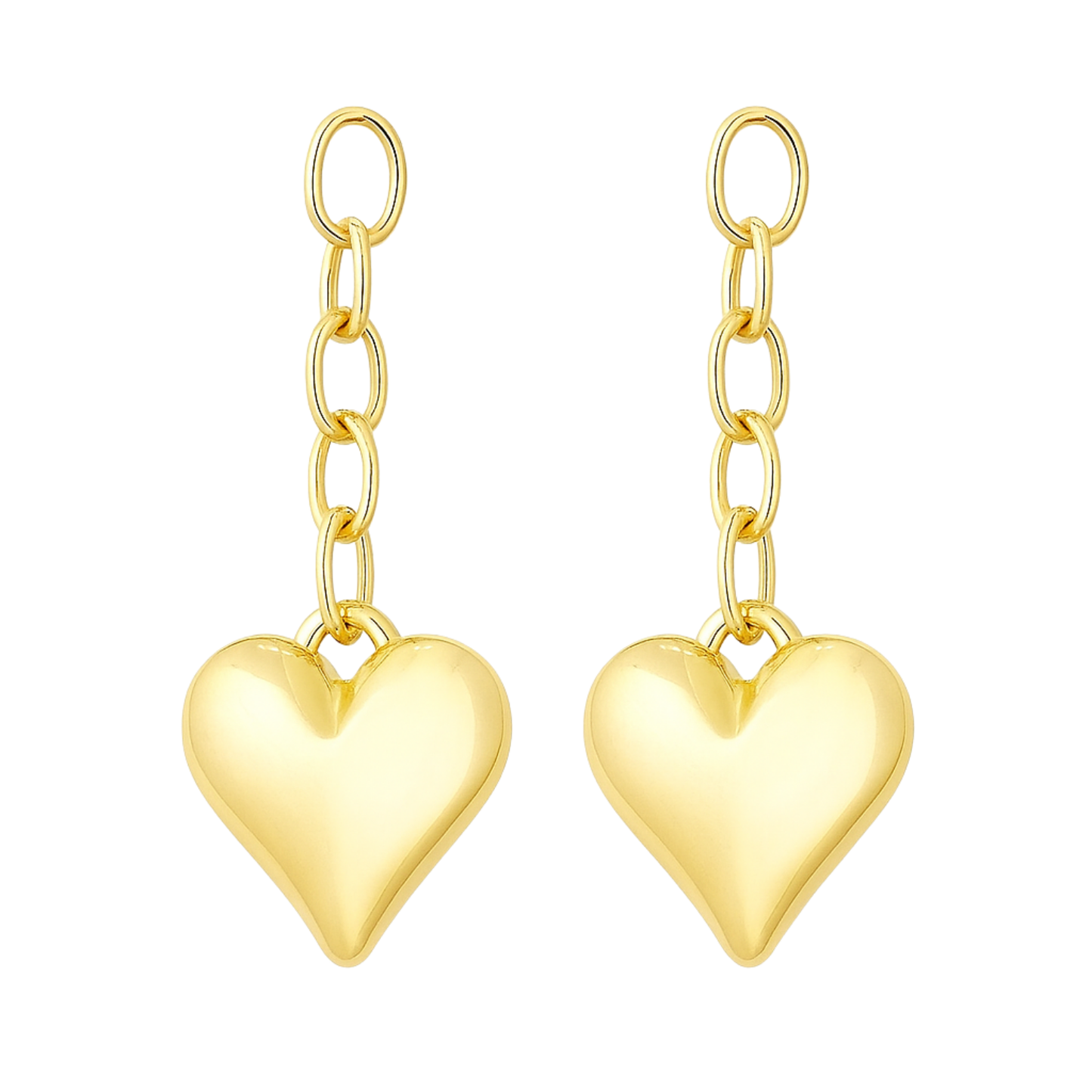 Gold heart-shaped earrings with chain links on a white background