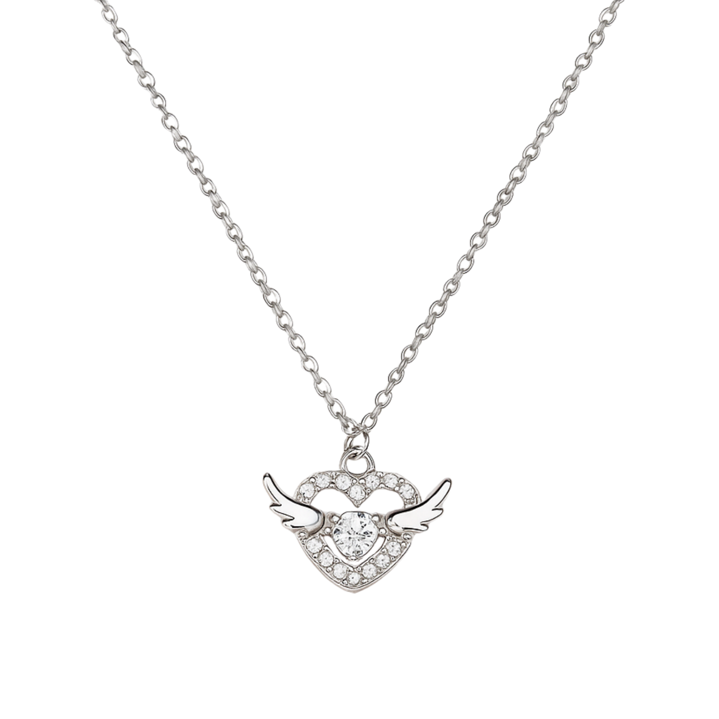 Silver necklace with a heart-shaped pendant featuring wings on a white background