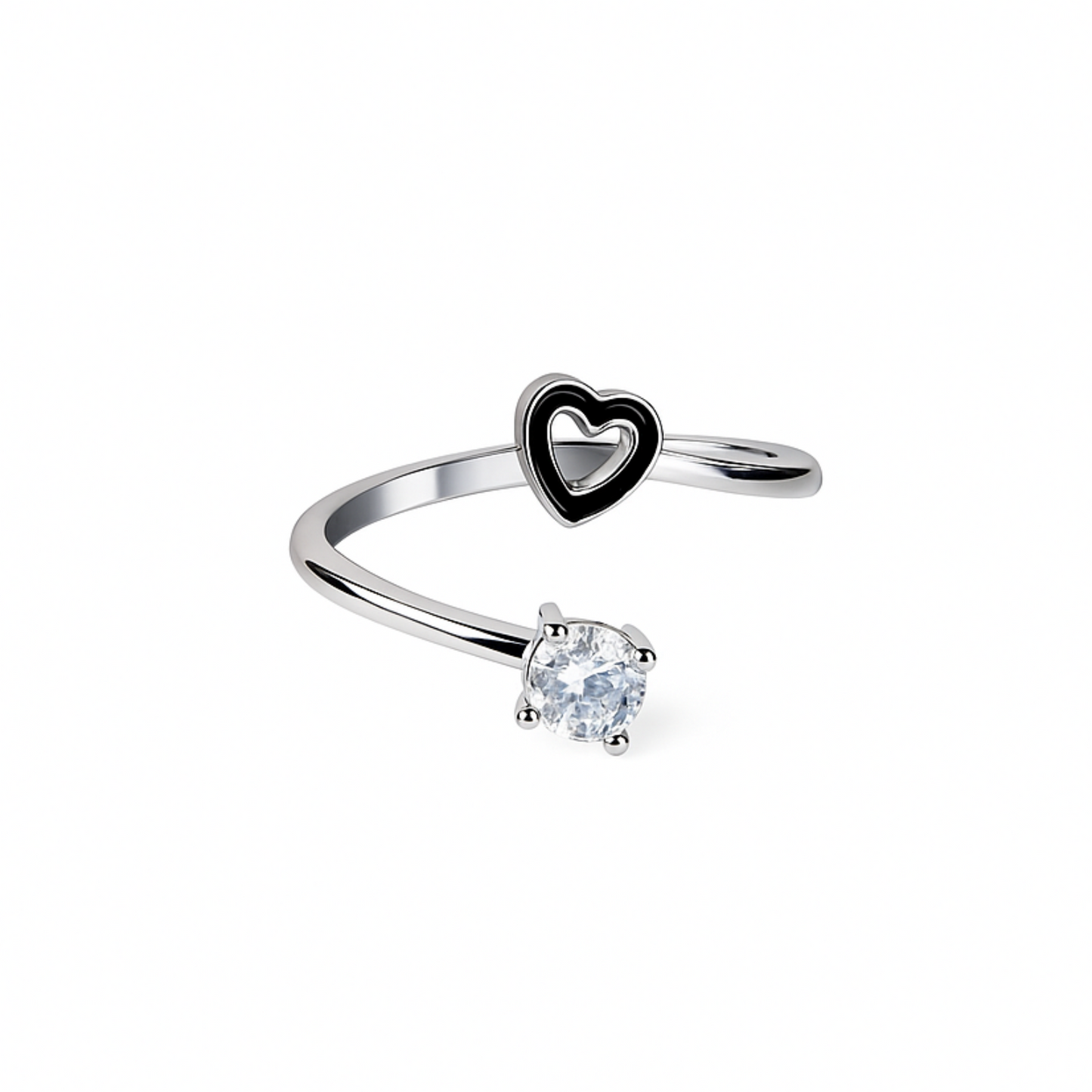 Silver ring with heart-shaped bezel and clear gemstone on a white background