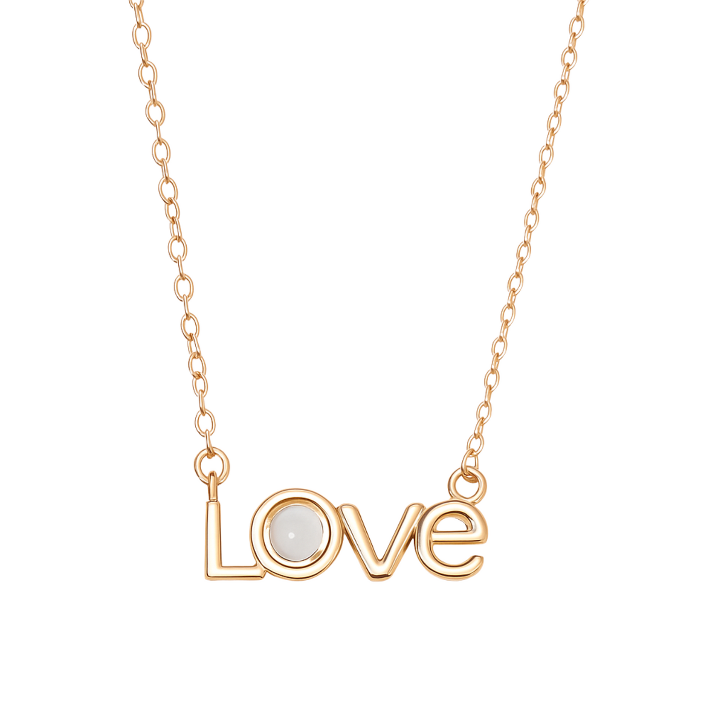 Gold necklace with 'LOVE' pendant on a white background