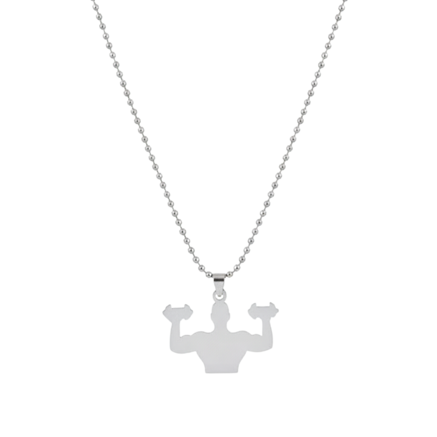 Silver necklace with a pendant of a person flexing muscles on a white background
