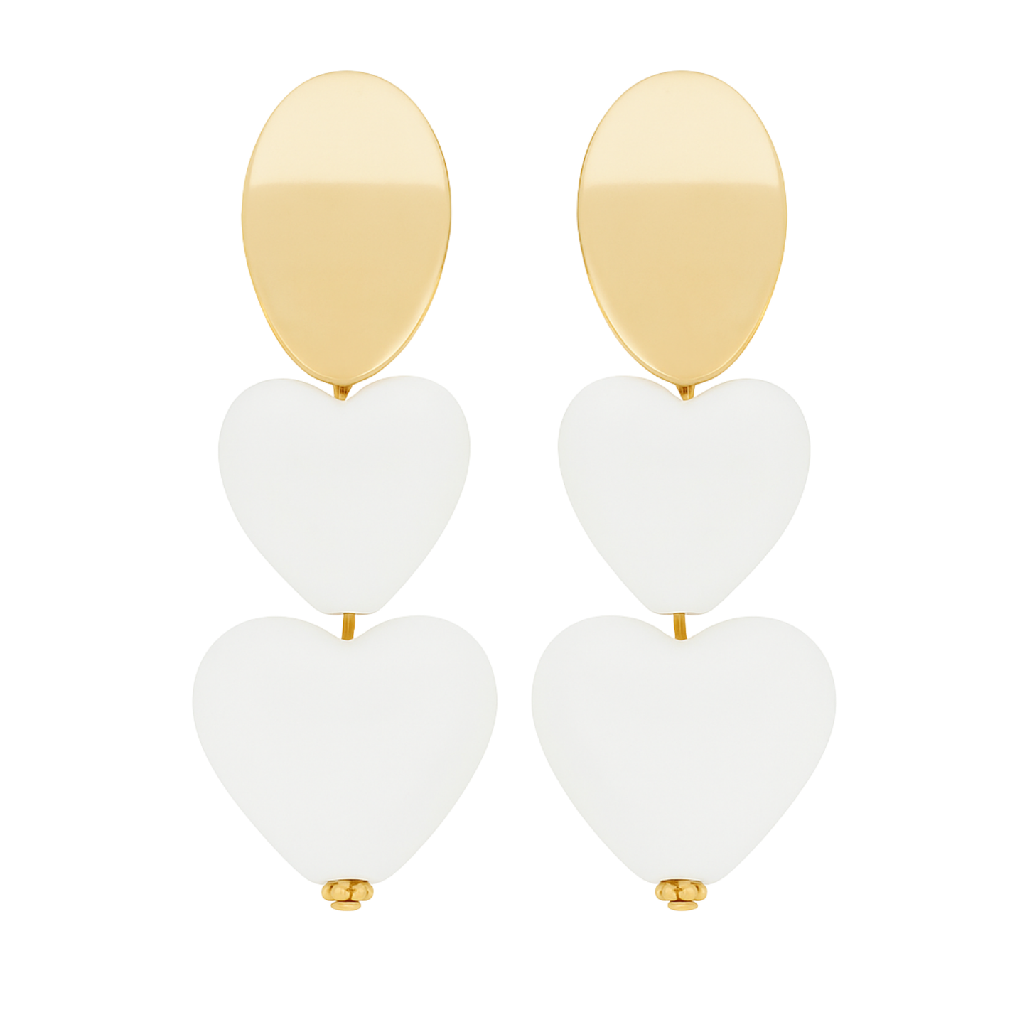 Gold and white heart-shaped earrings on a white background