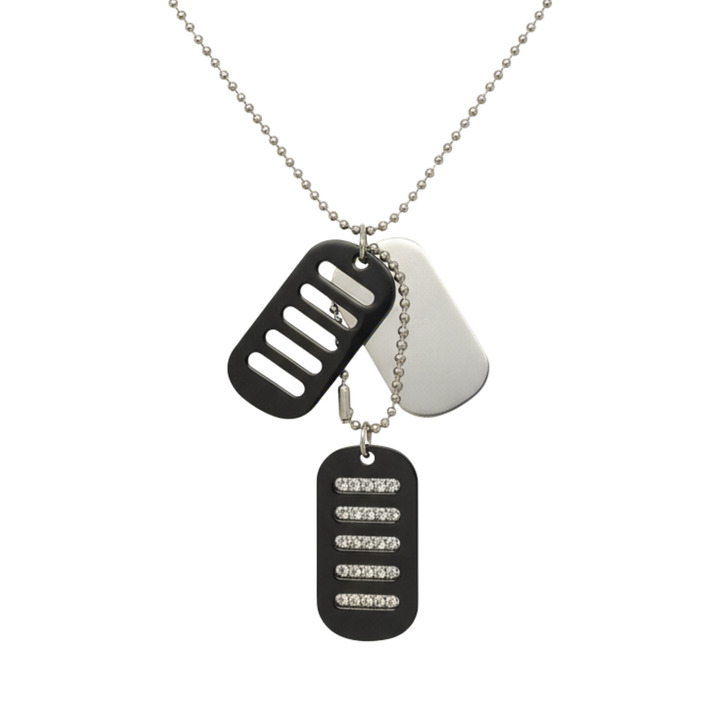 Metallic name tag necklace with black, white, and silver tags on a white background