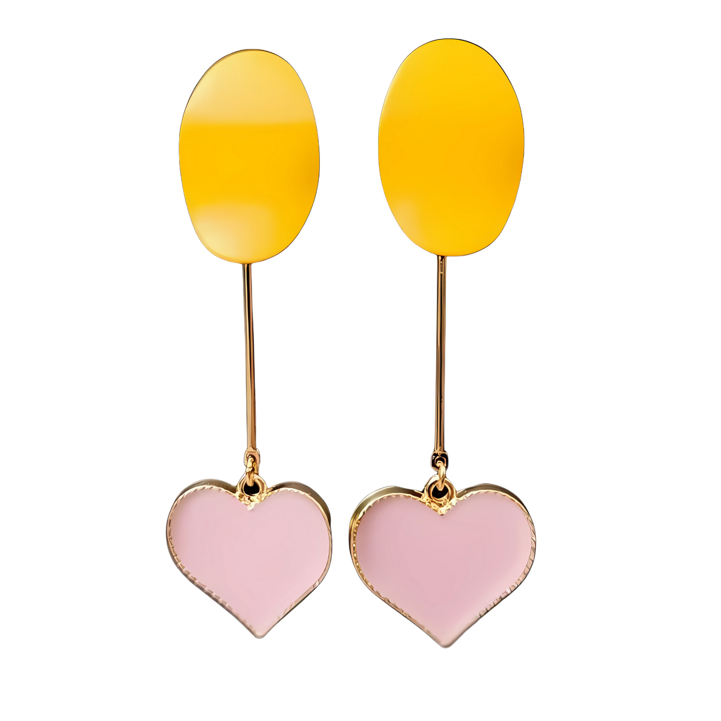 Pair of earrings with yellow oval tops and pink heart bottoms on a white background