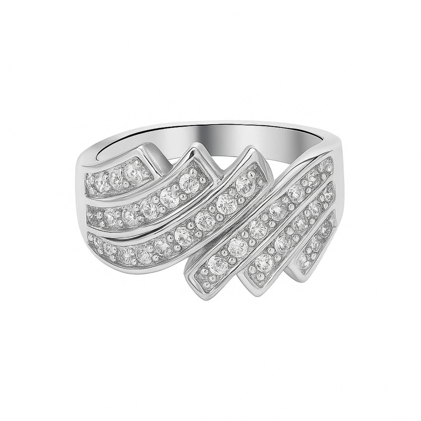 Silver ring with diamond accents on a white background