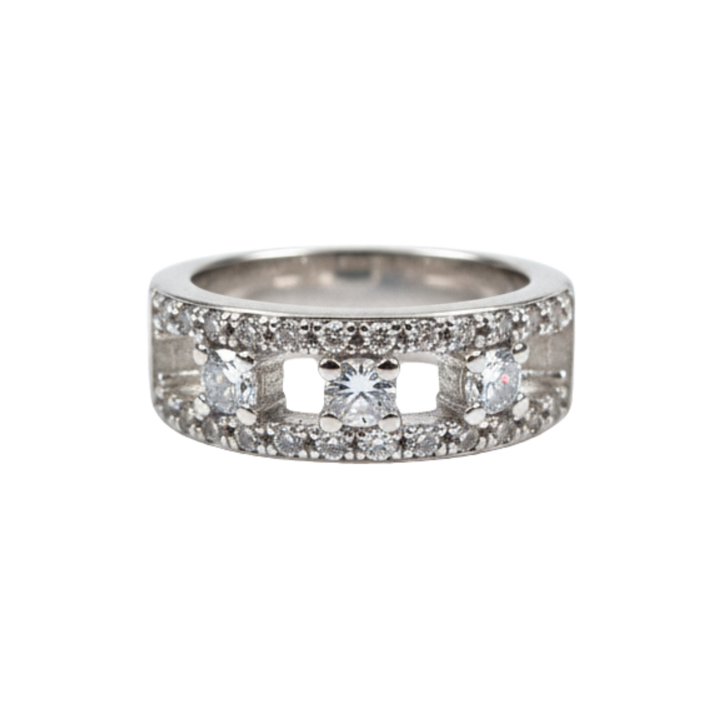 Silver ring with embedded diamonds on a white background