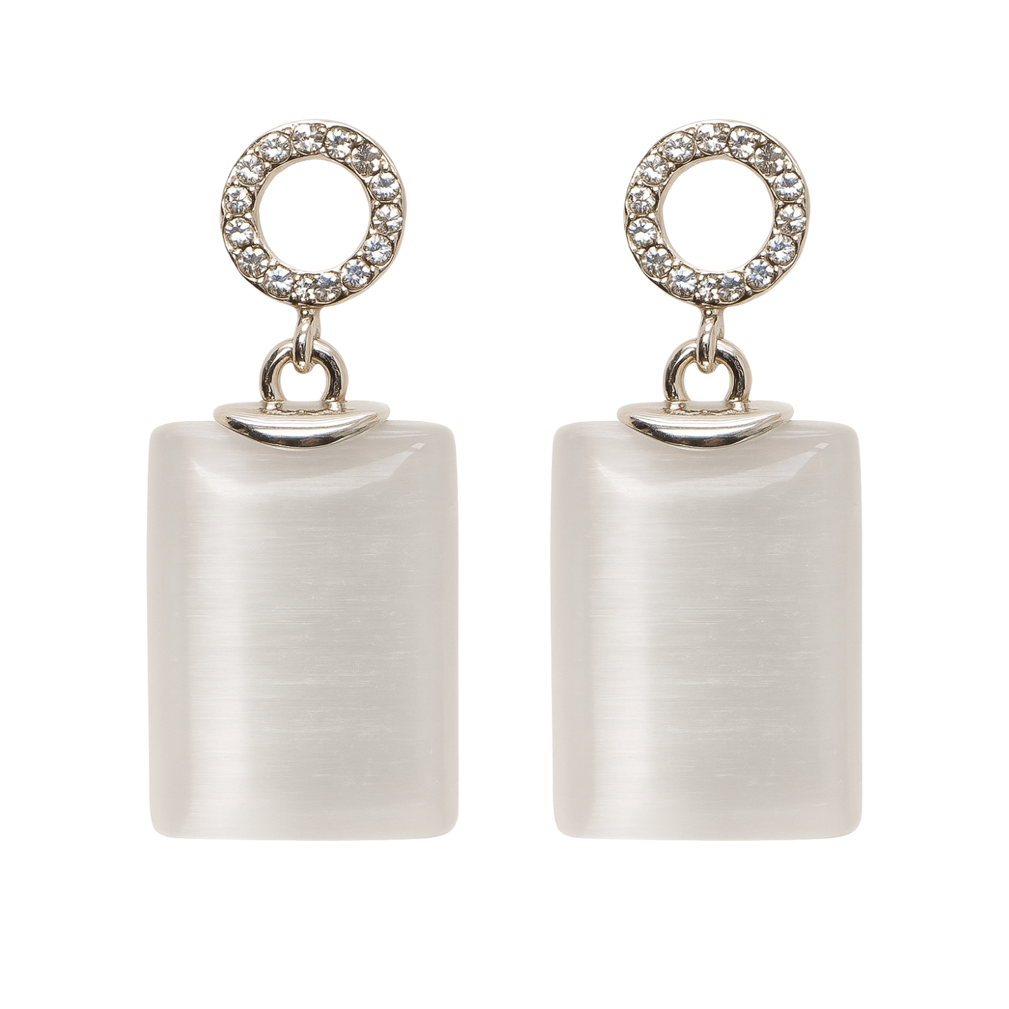 Pair of earrings with square white stones and circular top elements on a white background