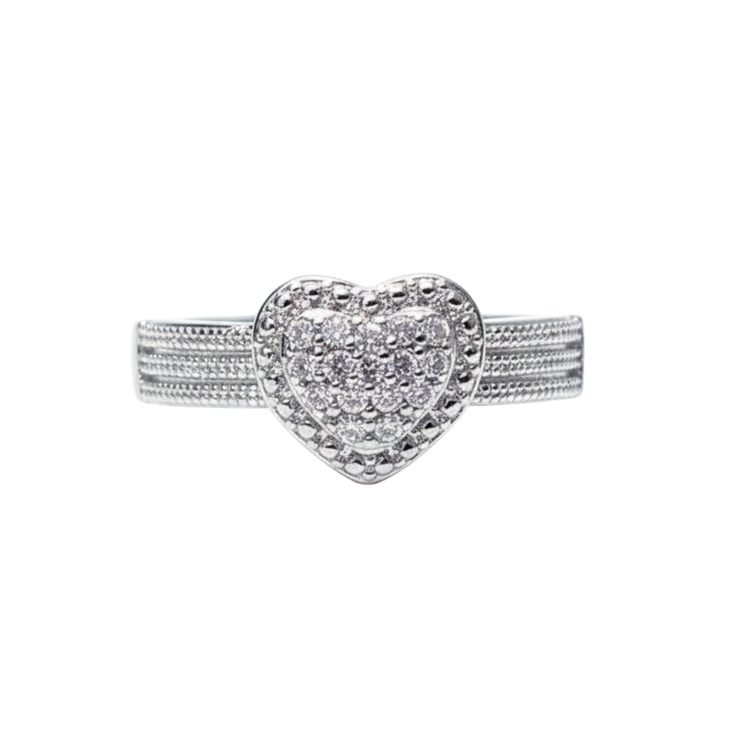 Silver heart-shaped ring with embedded stones on a white background