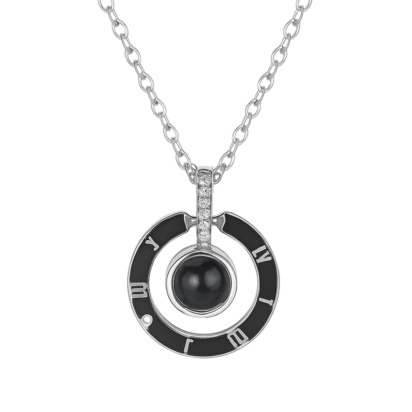 Necklace with a black pendant and Roman numeral design on a white background
