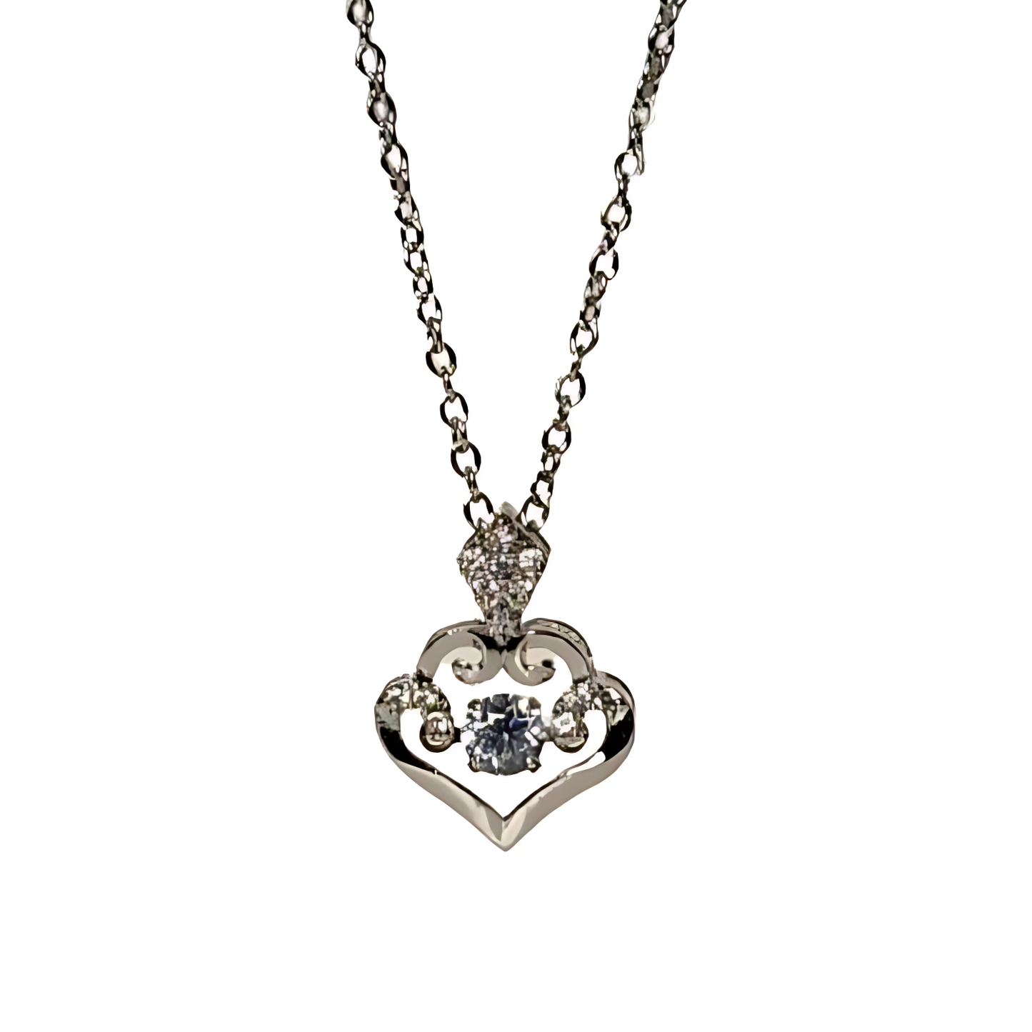 Heart-shaped pendant necklace with a small blue gemstone on a white background