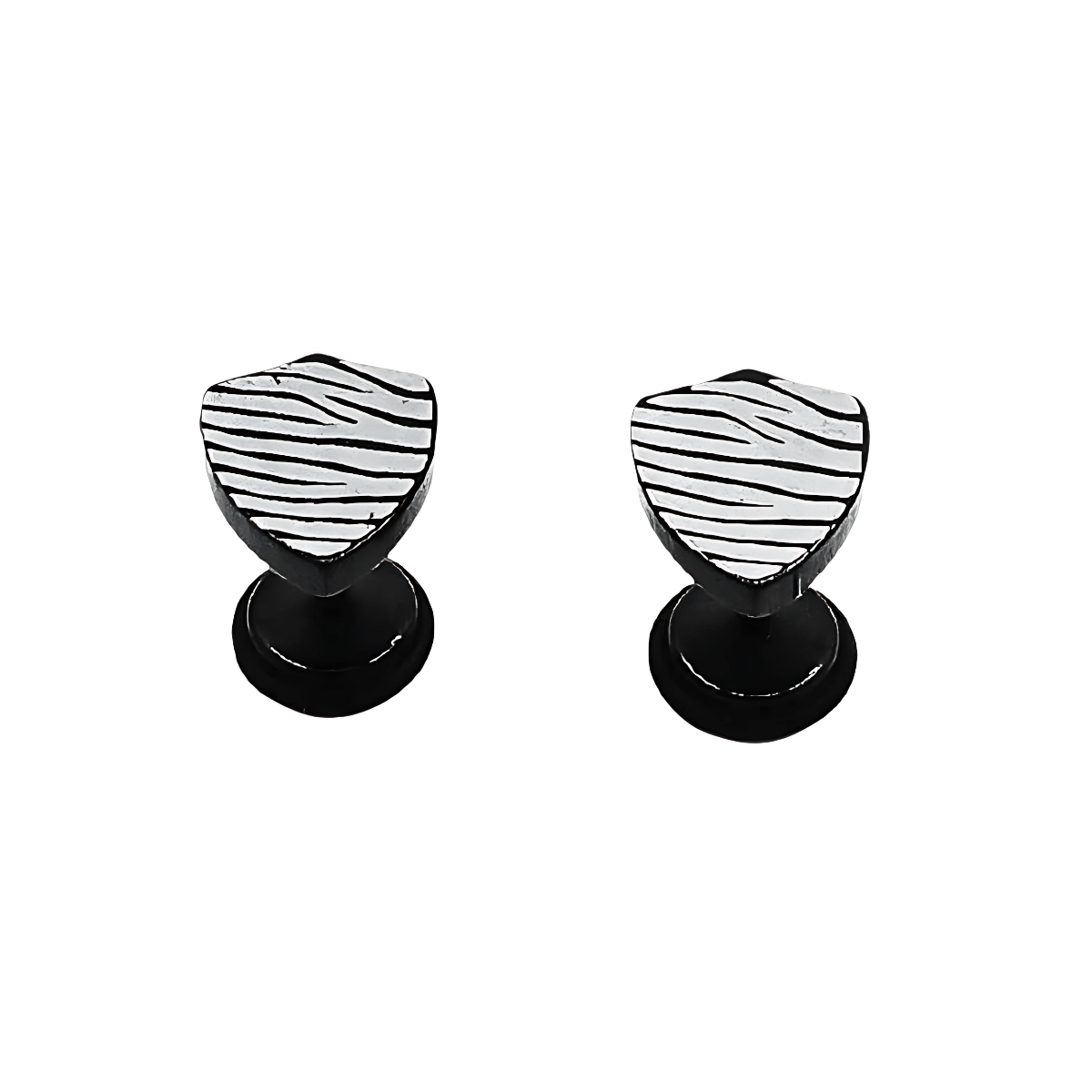 Pair of black and white striped earrings on a white background