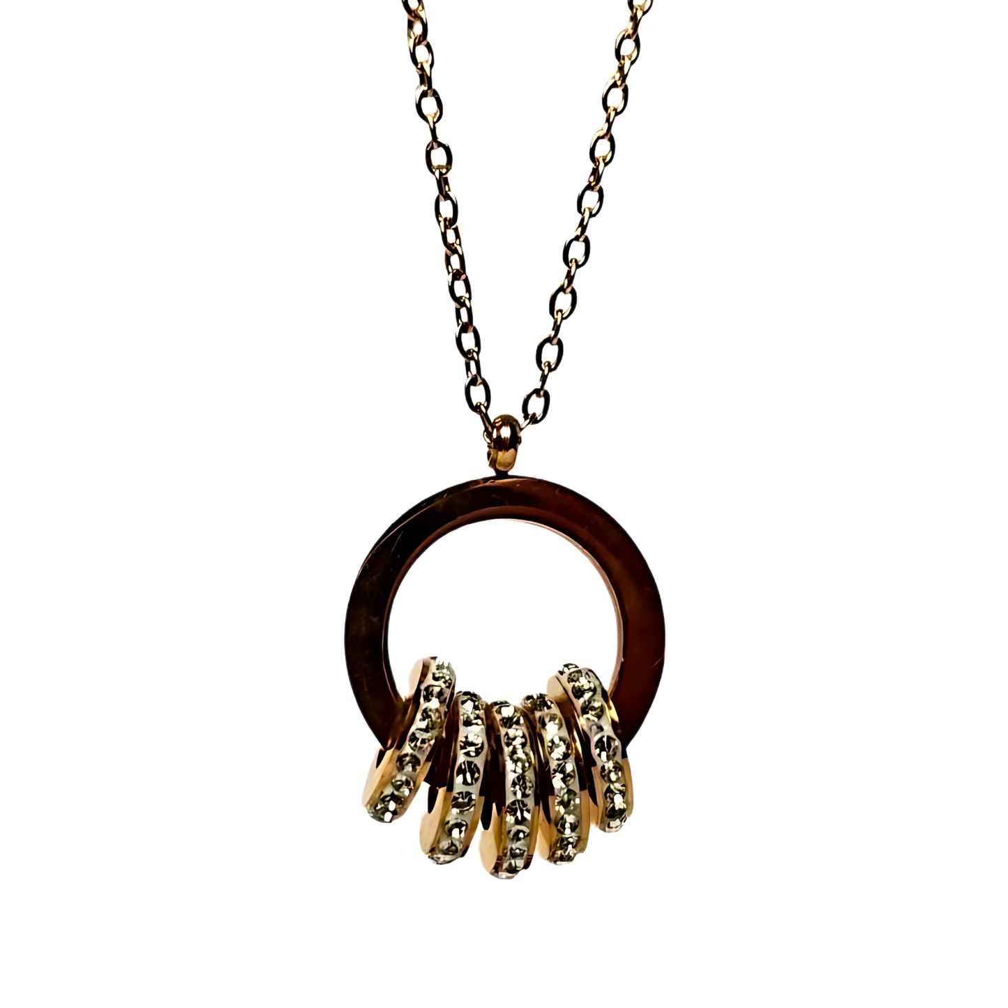 Necklace with a stainless steel pendant and gold rings on a white background