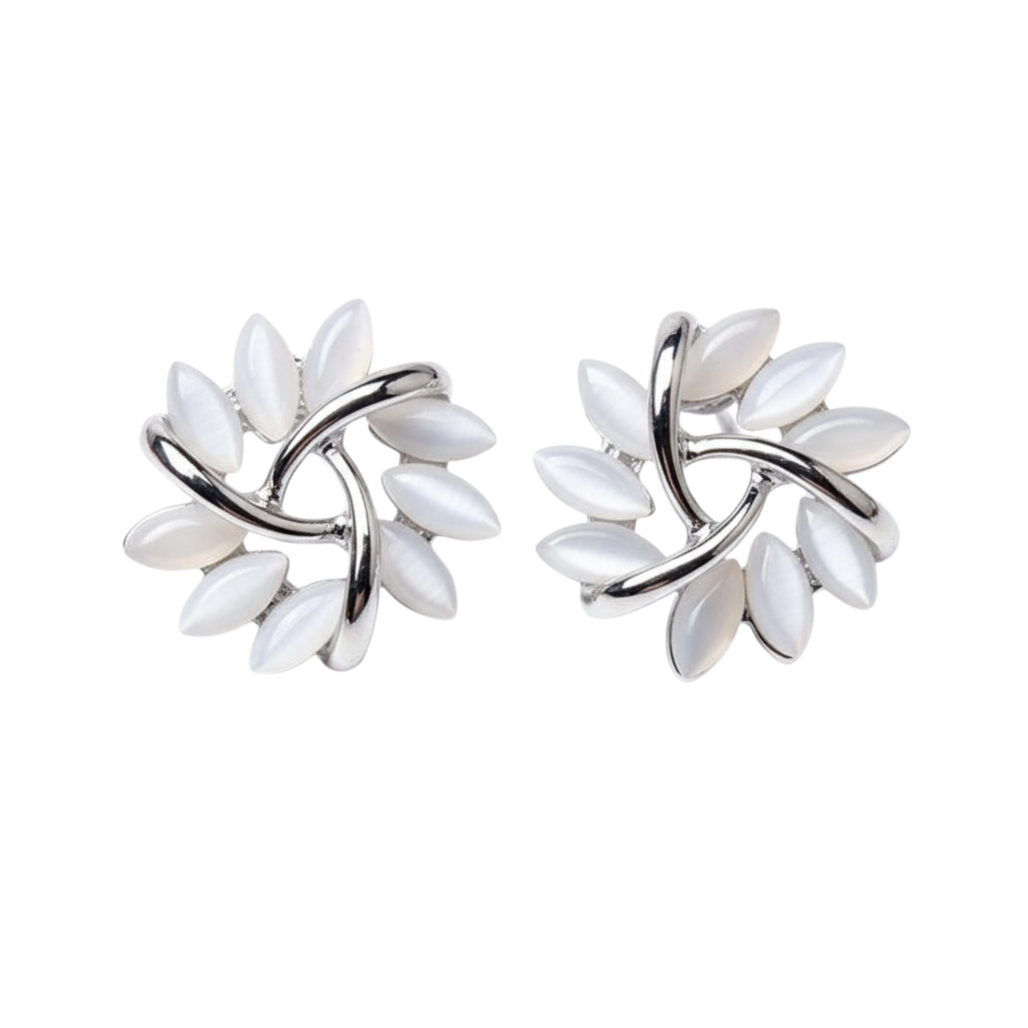 Pair of silver earrings with white stones on a white background