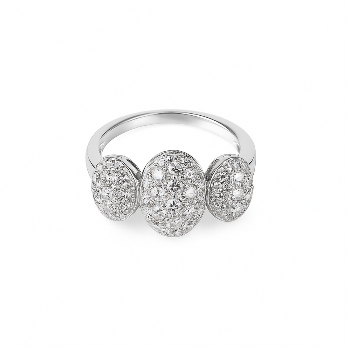 Silver ring with three oval-shaped diamond clusters on a white background