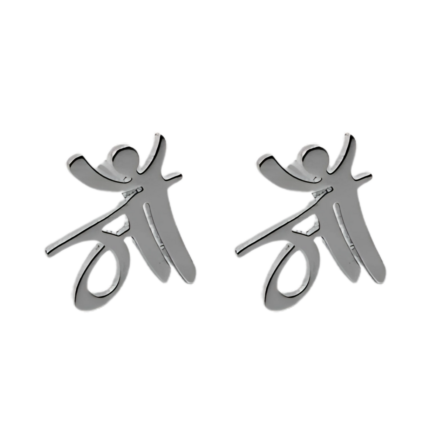 Silver abstract figure earrings on a white background