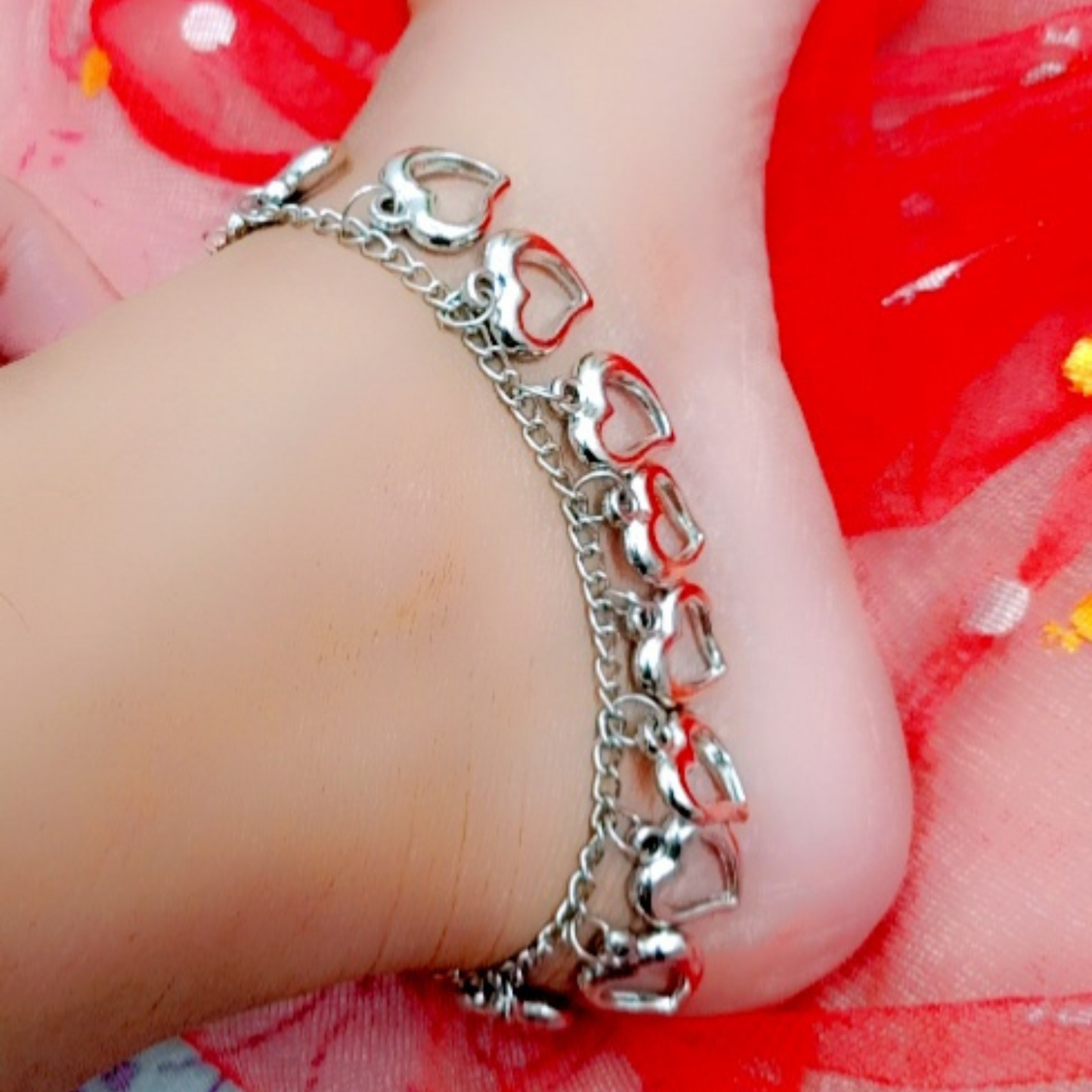 FOGGMART Heart Design Anklet Bracelet Chain for Women & Girls | Silver Stainless Steel Adjustable Lightweight Single Foot Anklet or Hand Bracelet | Rust-Free & Comfortable Jewelry Gift (1 Pc)