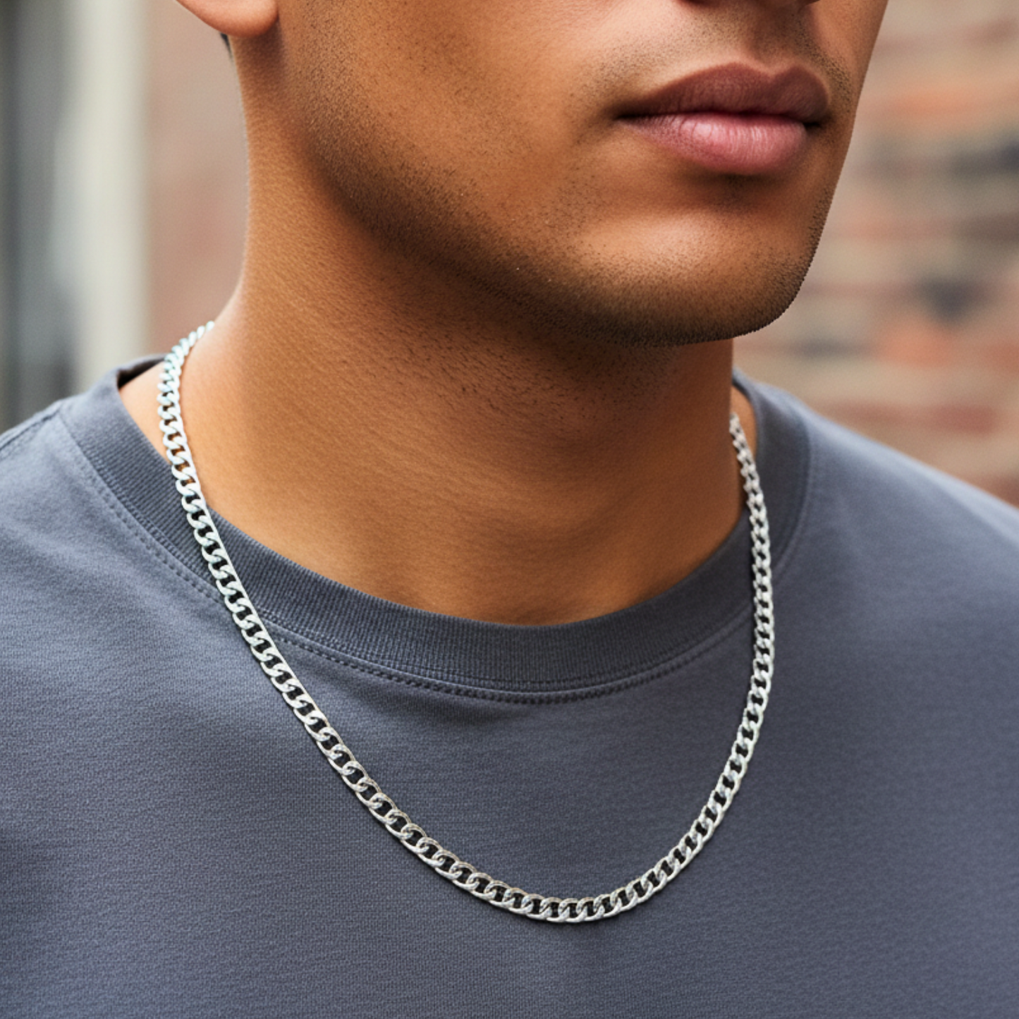 Man wearing a silver chain necklace with a blurred background
