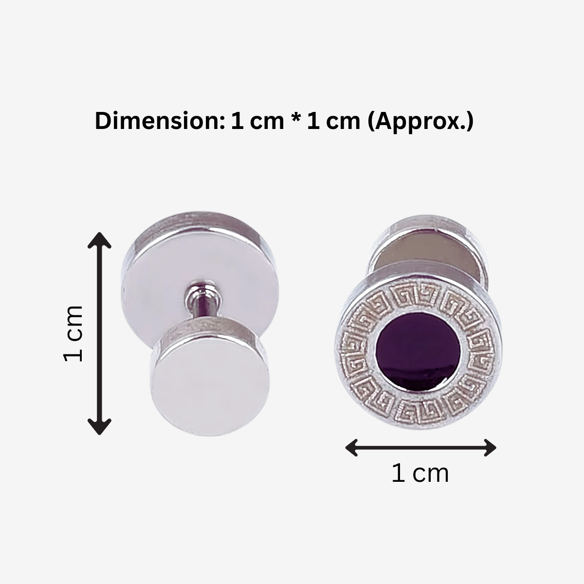 Cufflinks with decorative design, shown with dimensions on a white background.