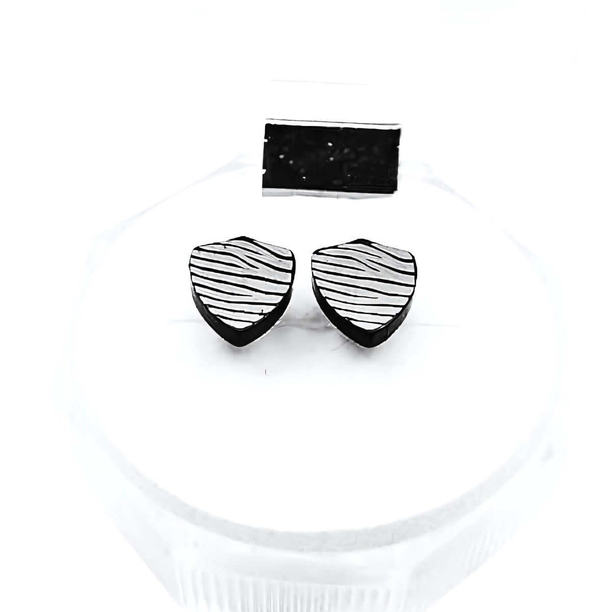 Black and white striped earrings on a white background