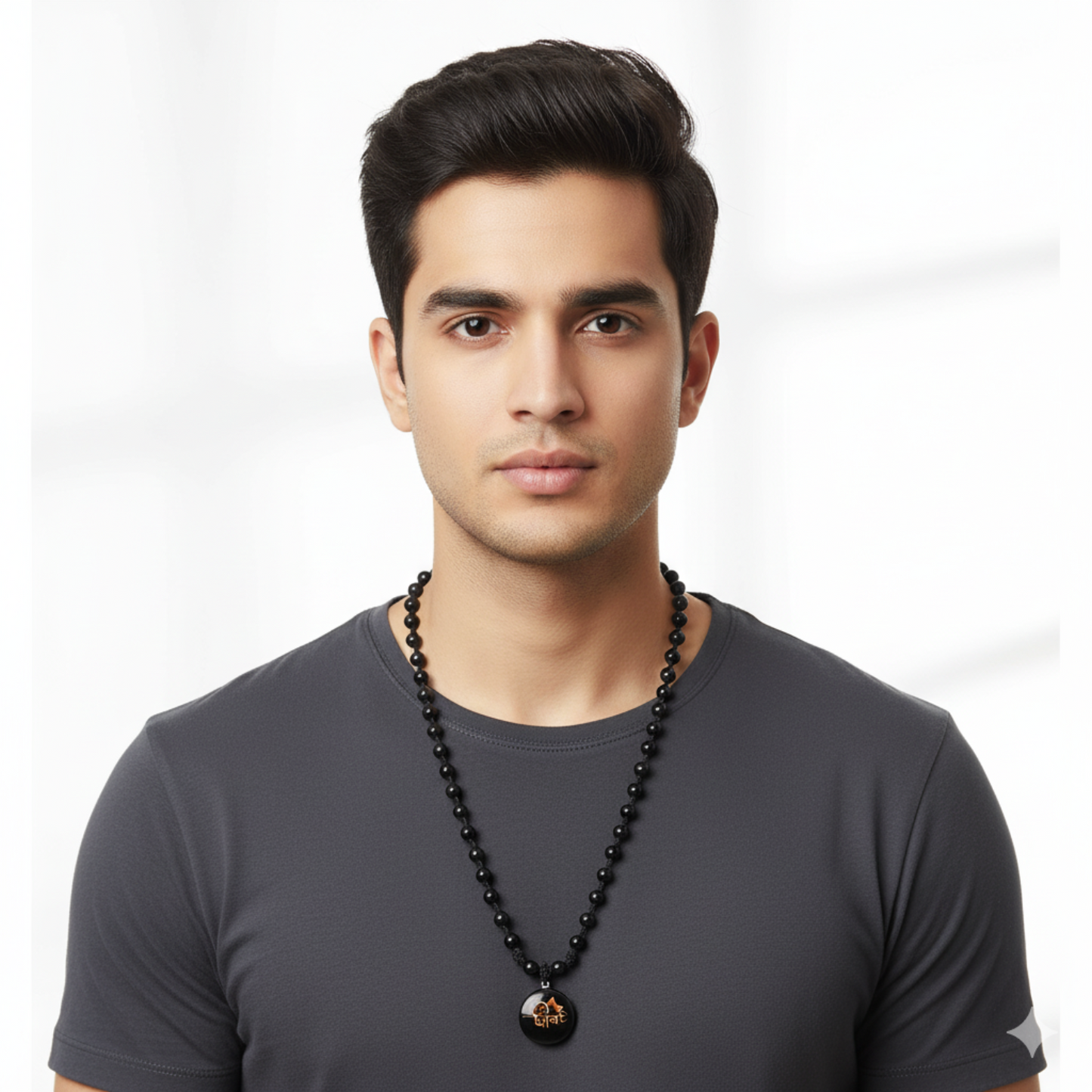 Man wearing a black beaded necklace on a white background