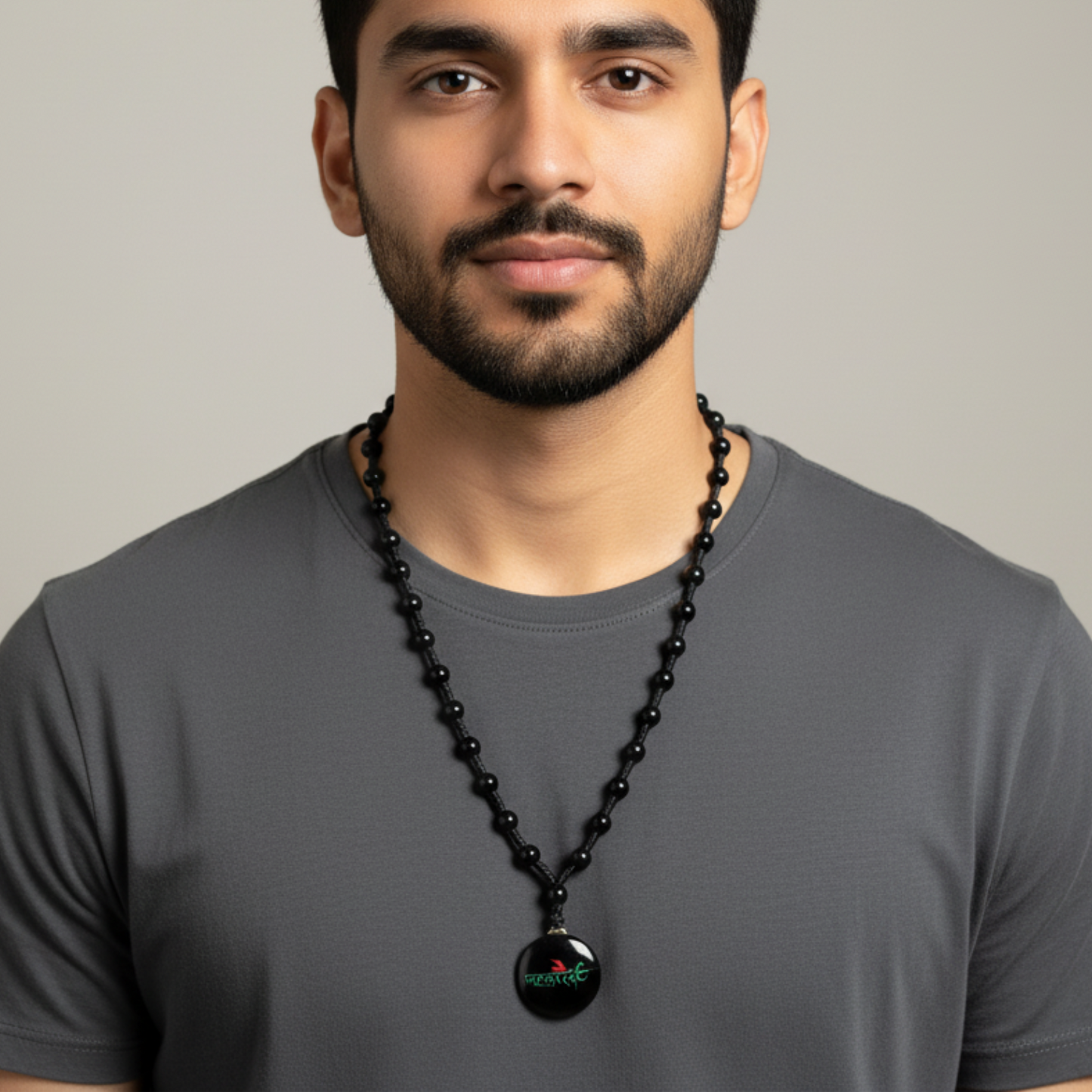 A man wear mahakal black beads necklace