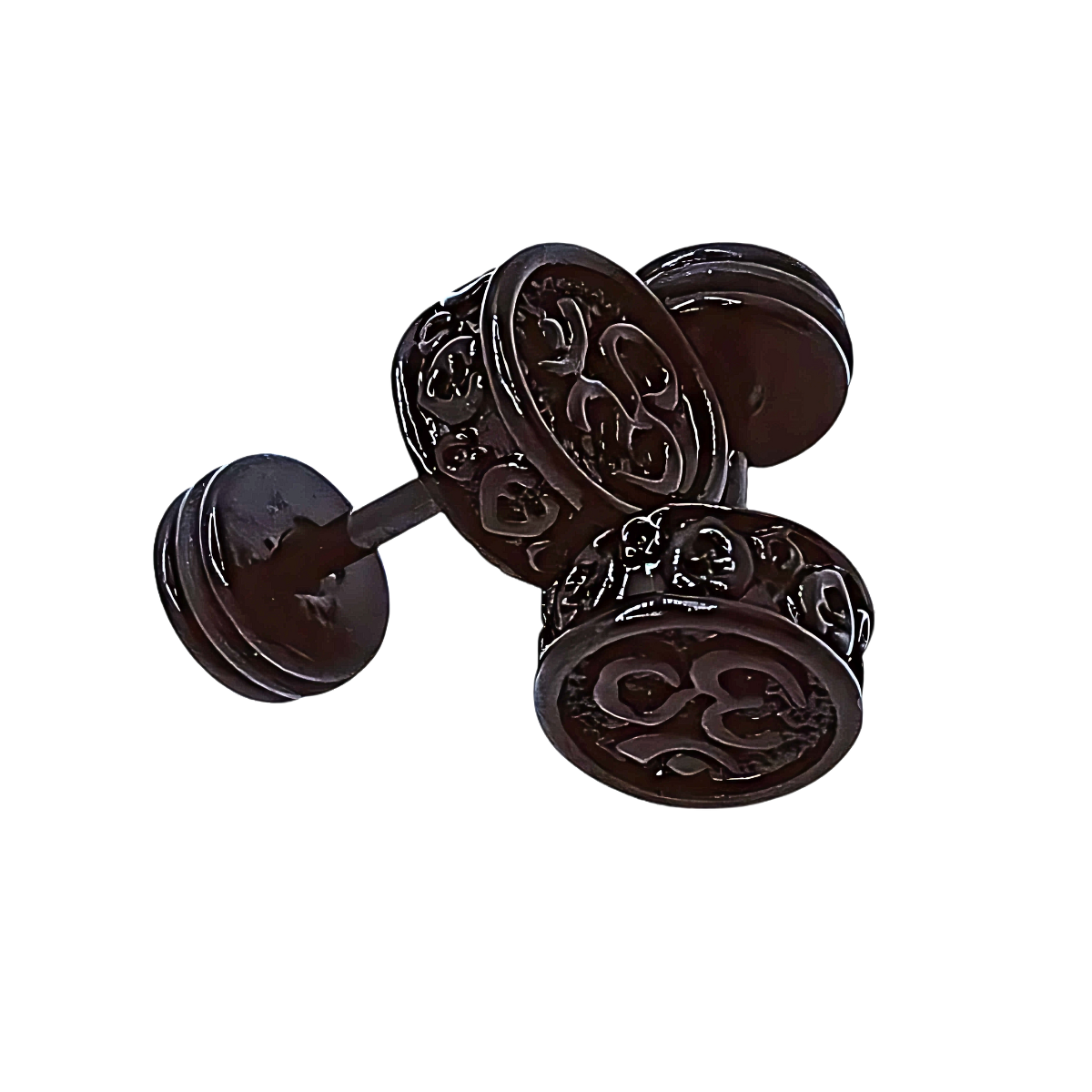 Pair of black cufflinks with intricate design on a white background