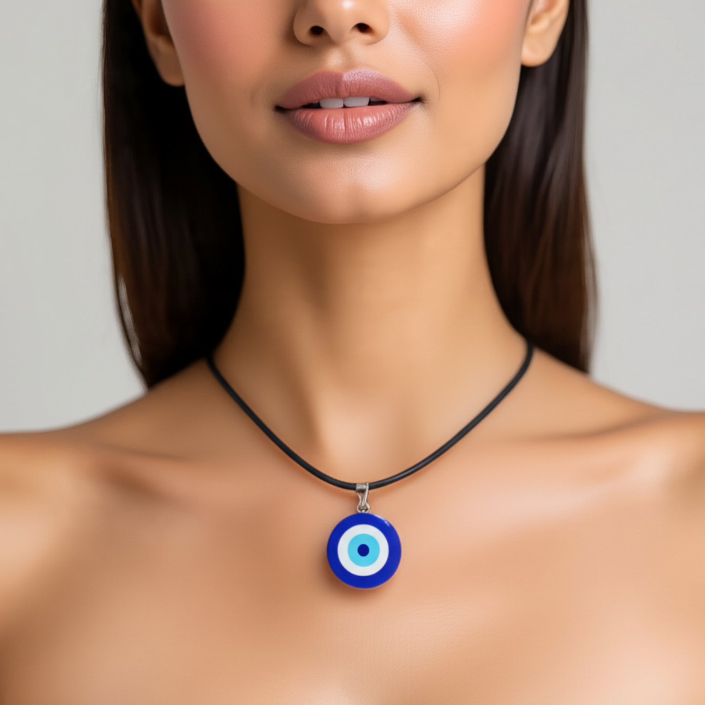 Woman wearing a necklace with a blue evil eye pendant against a neutral background