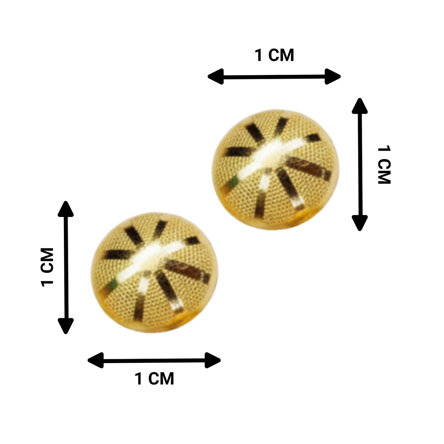 Two gold buttons stud with black patterns and measurement markings on a white background