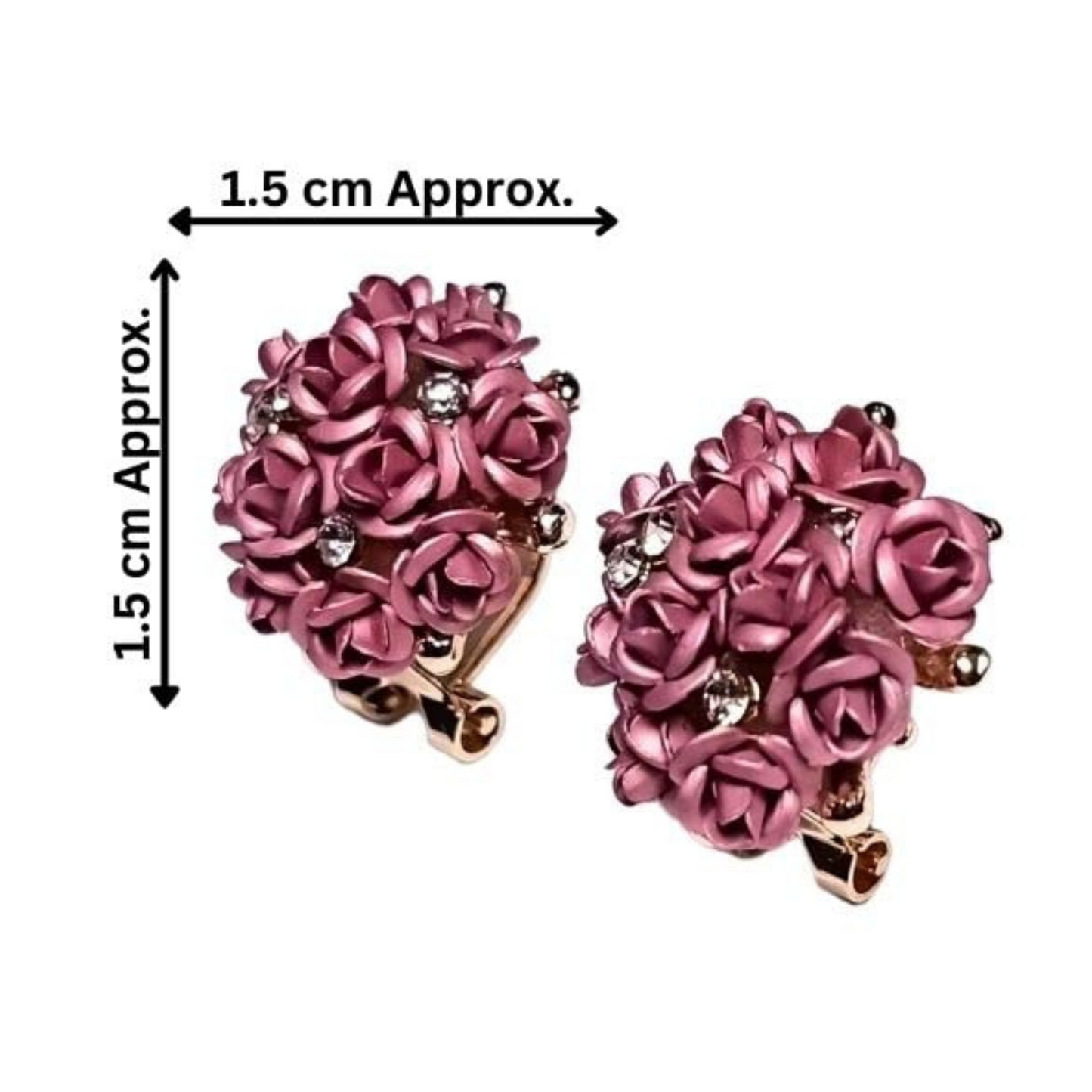 Pair of pink floral earrings with dimensions indicated on a white background