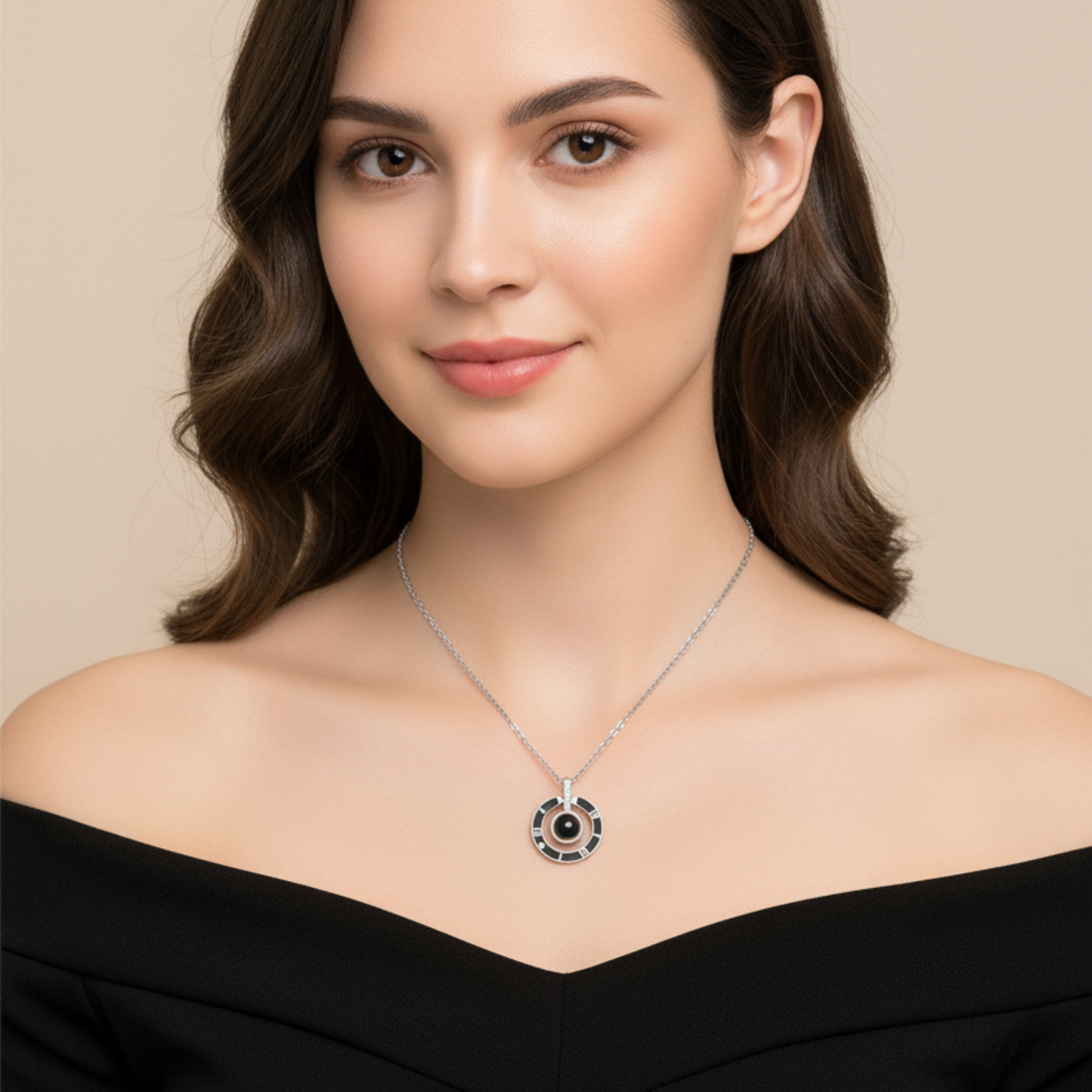 Woman wearing a necklace with a circular pendant on a beige background