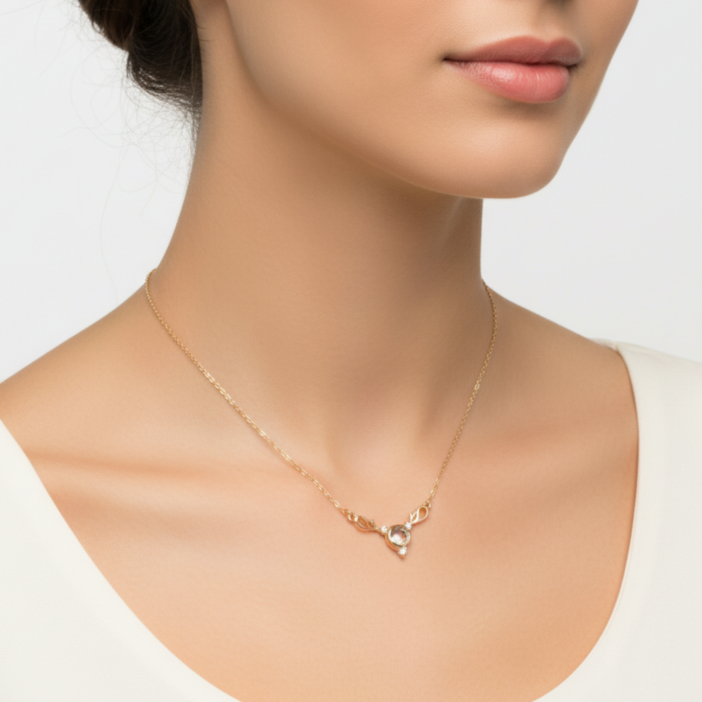Gold necklace with a small pendant on a mannequin neck against a white background