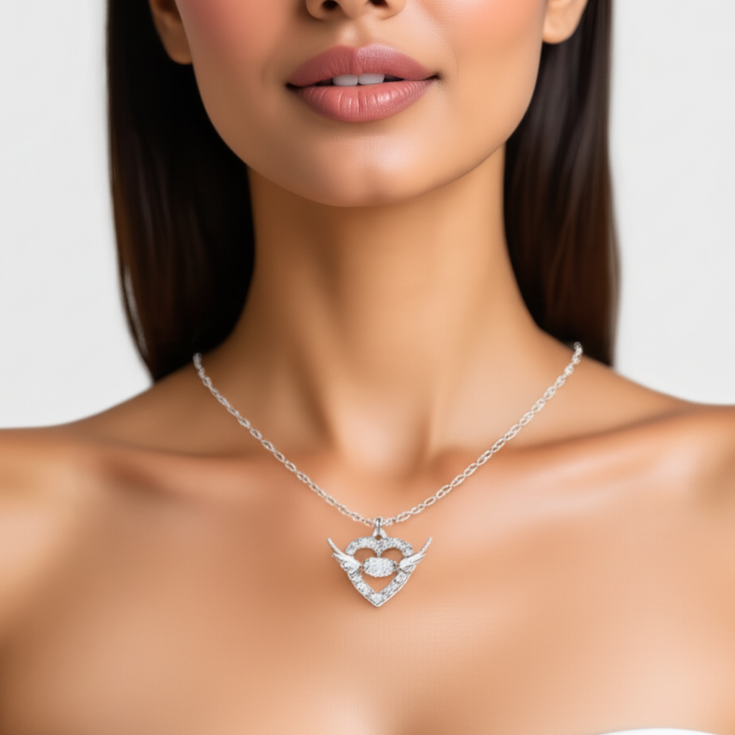 Woman wearing a silver necklace with a heart-shaped pendant on a plain background