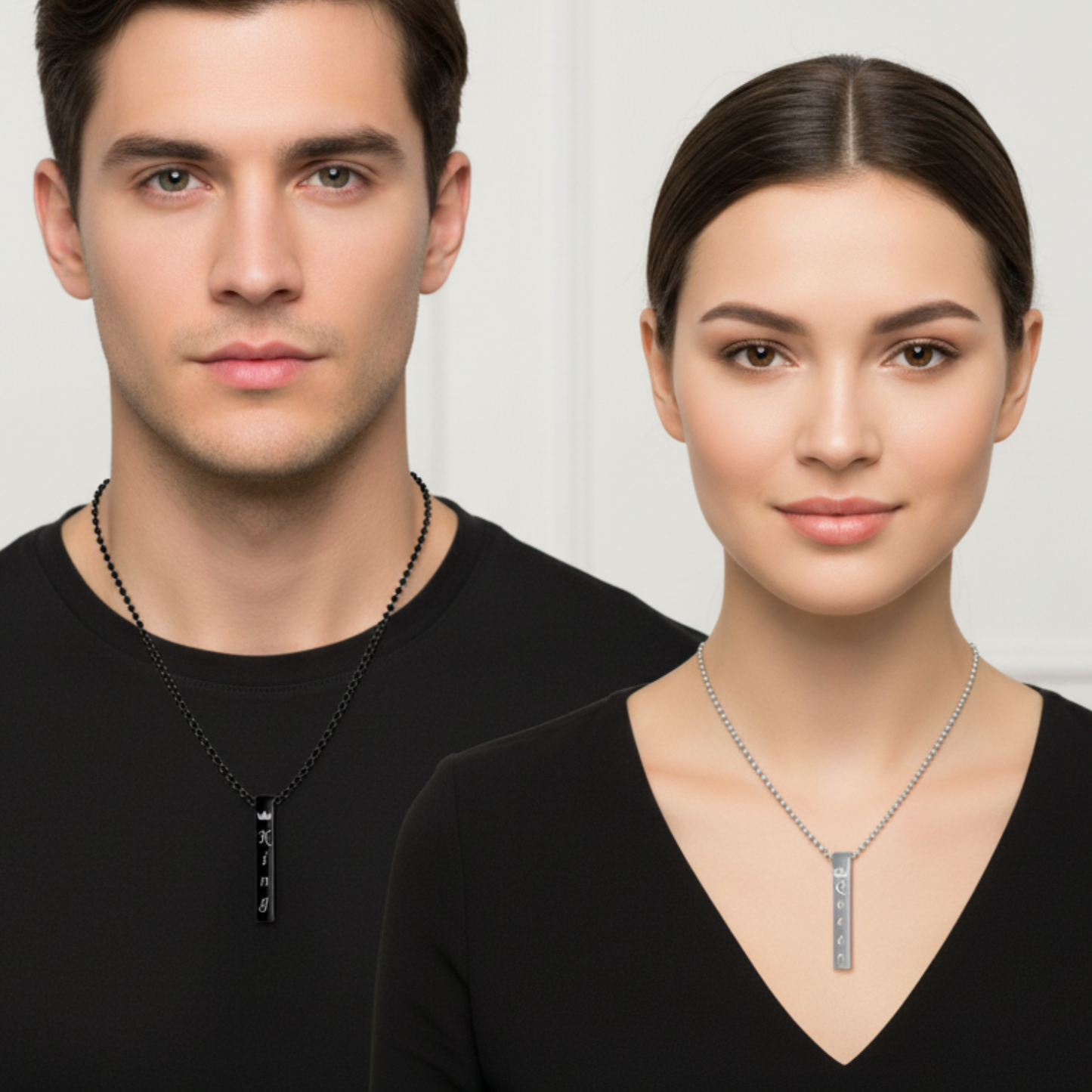 Man and woman wearing necklaces against a white background