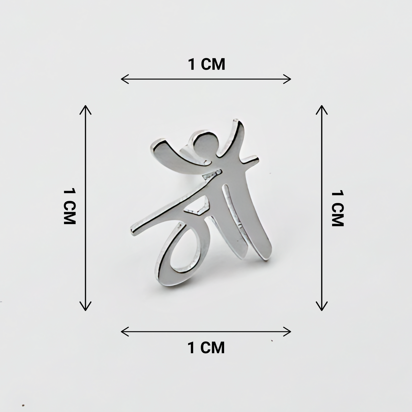 Metallic character with dimensions labeled on a white background