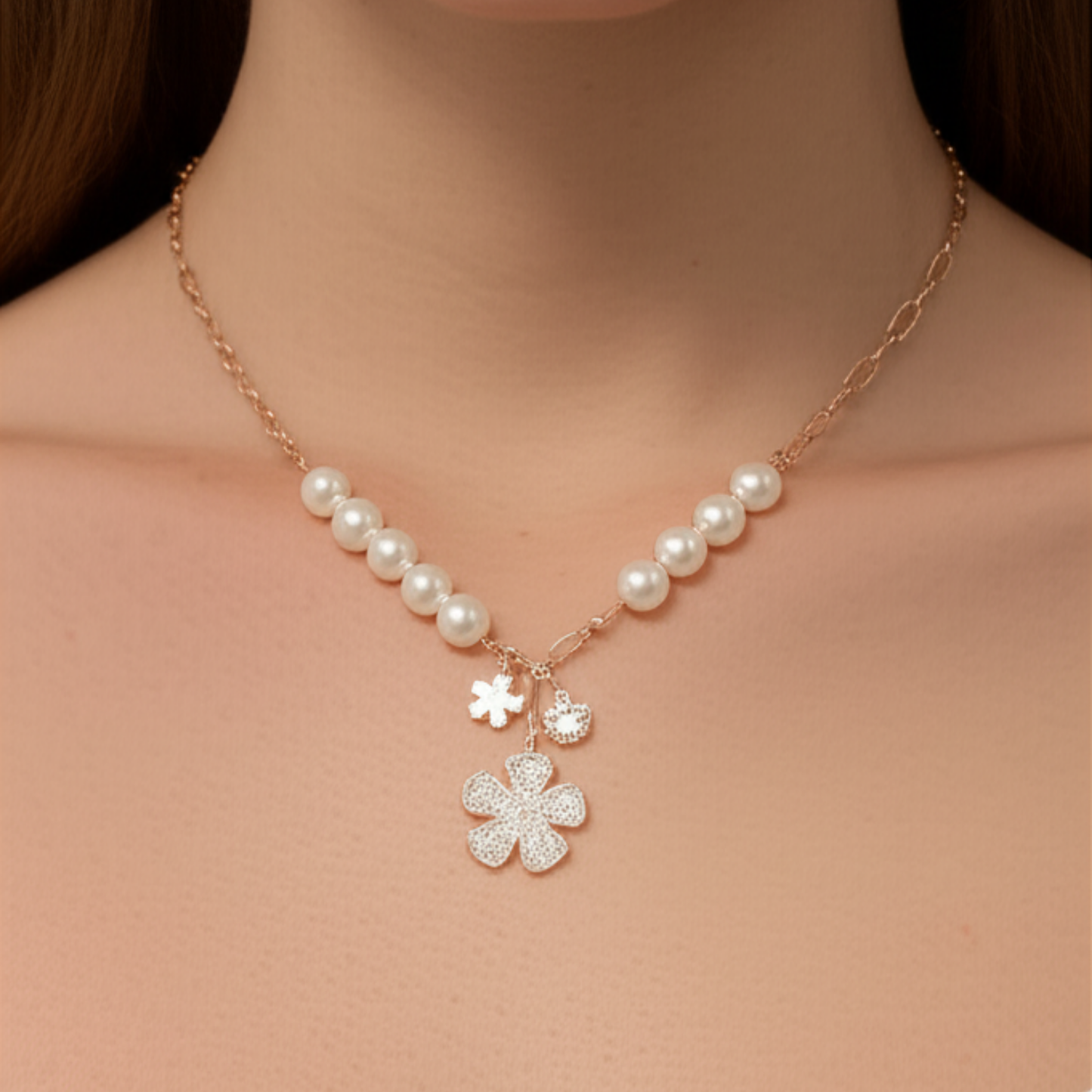 Pearl necklace with floral pendants on a mannequin