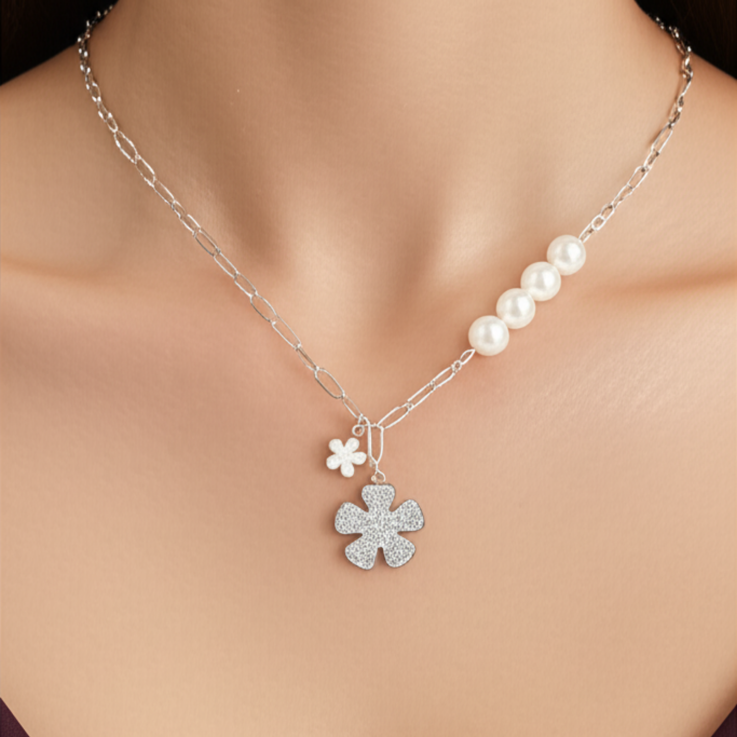 Necklace with floral pendants on a mannequin