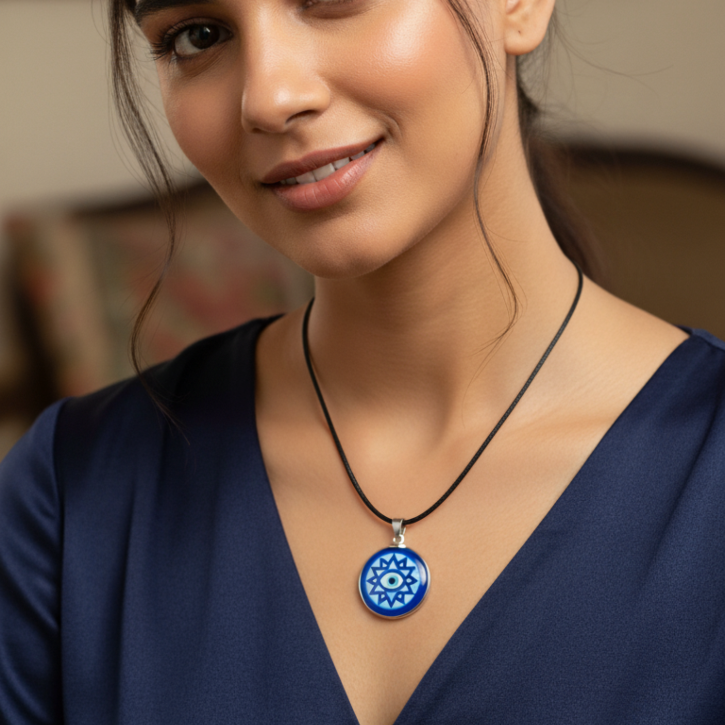 Woman wearing a blue necklace with a circular pendant