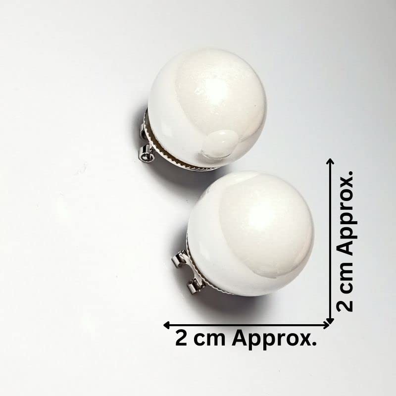 Pair of white spherical earrings with silver clips on a light gray background, showing measurement details.