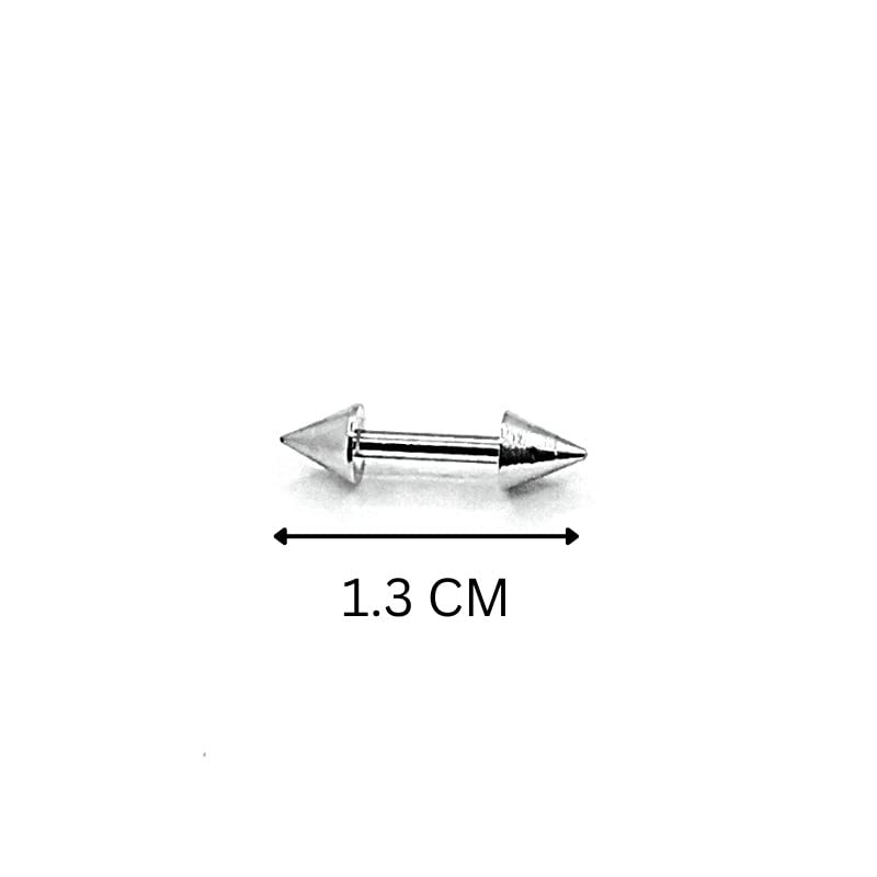 Metallic stud earring with measurement label on a white background